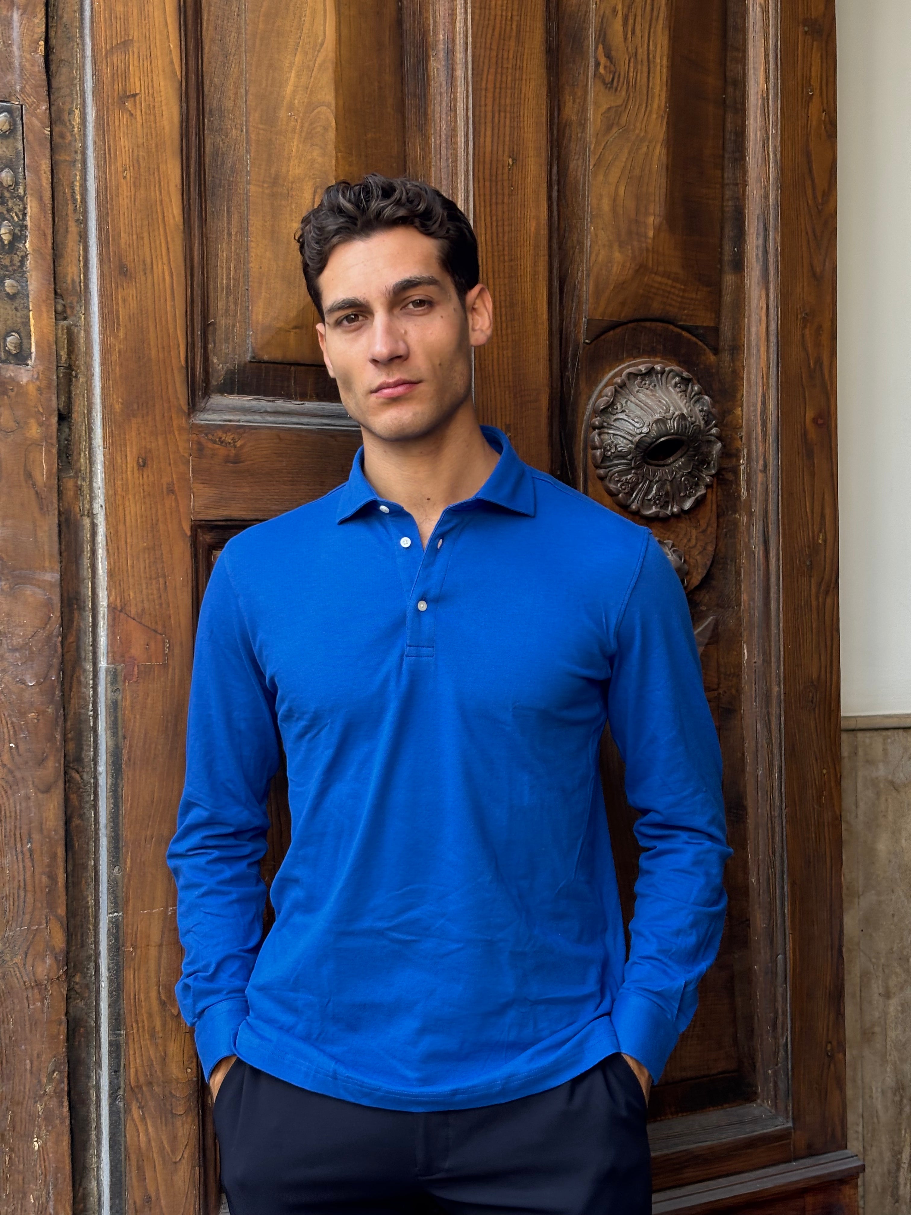 Men's Royal Blue Long Sleeve Knit Polo Shirt - Smart Casual Top   Laboratorio Russo