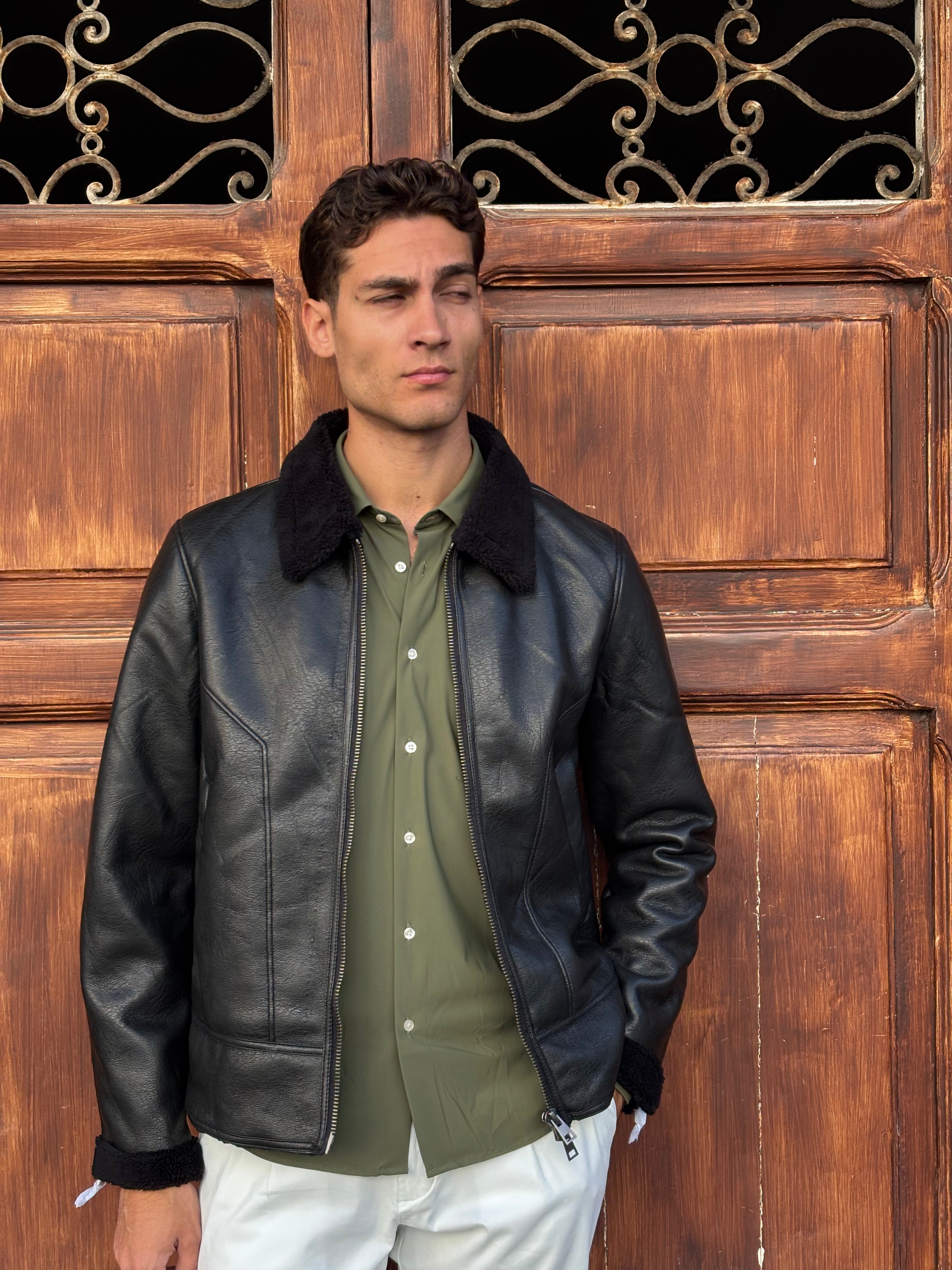 Men's Black Faux Leather Shearling Collar Bomber Jacket