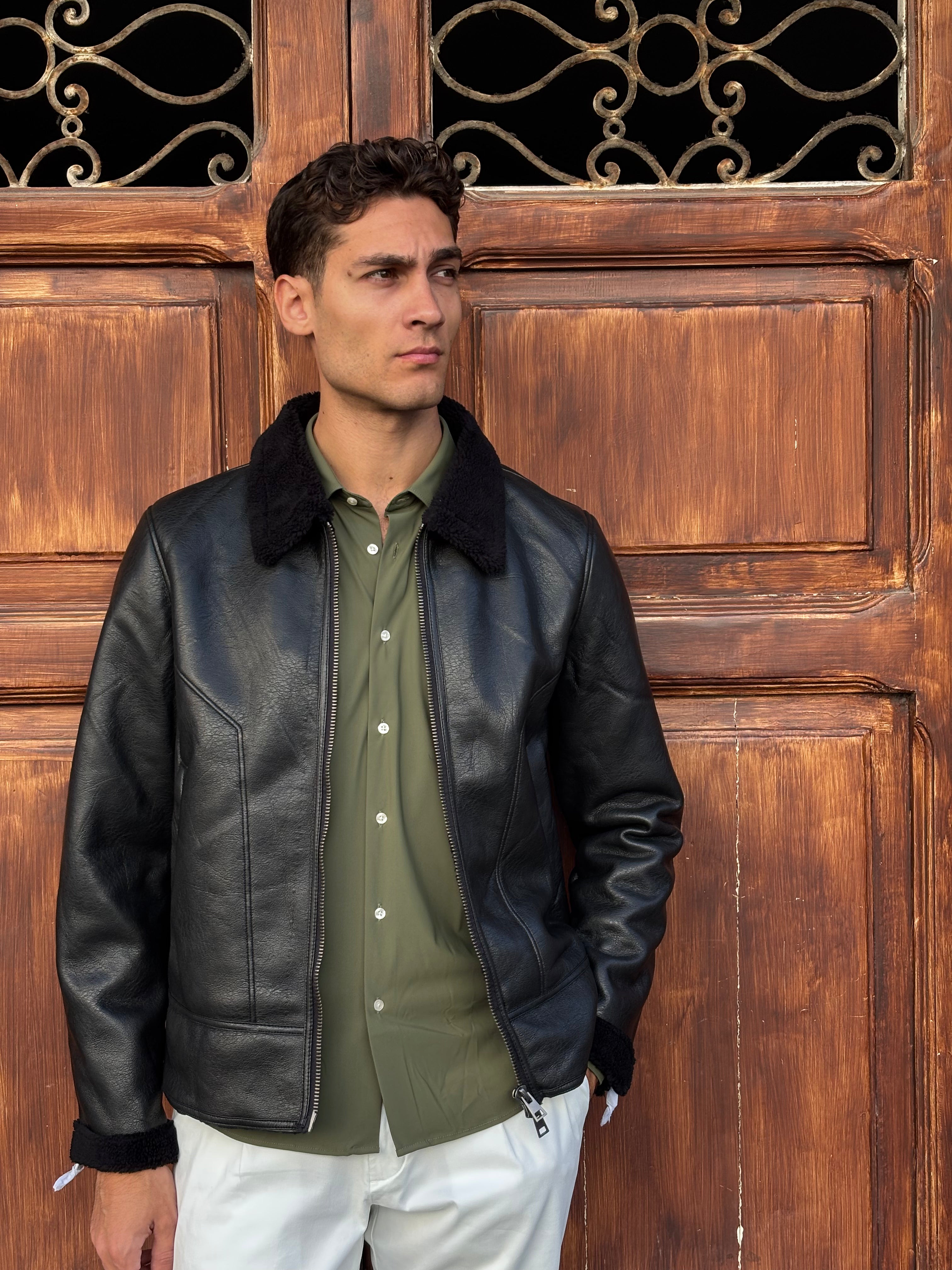 Men's Black Faux Leather Shearling Collar Bomber Jacket