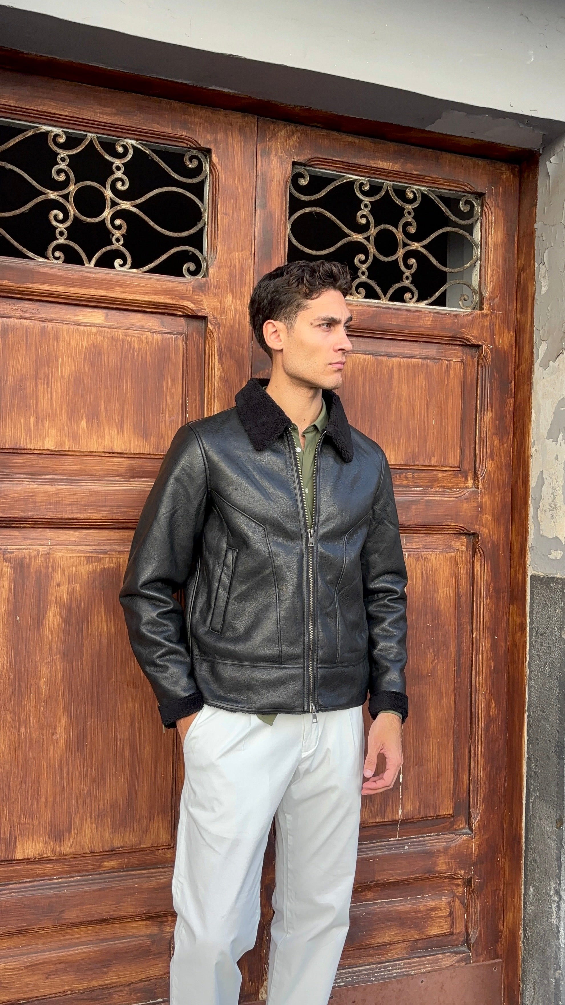 Men's Black Faux Leather Shearling Collar Bomber Jacket