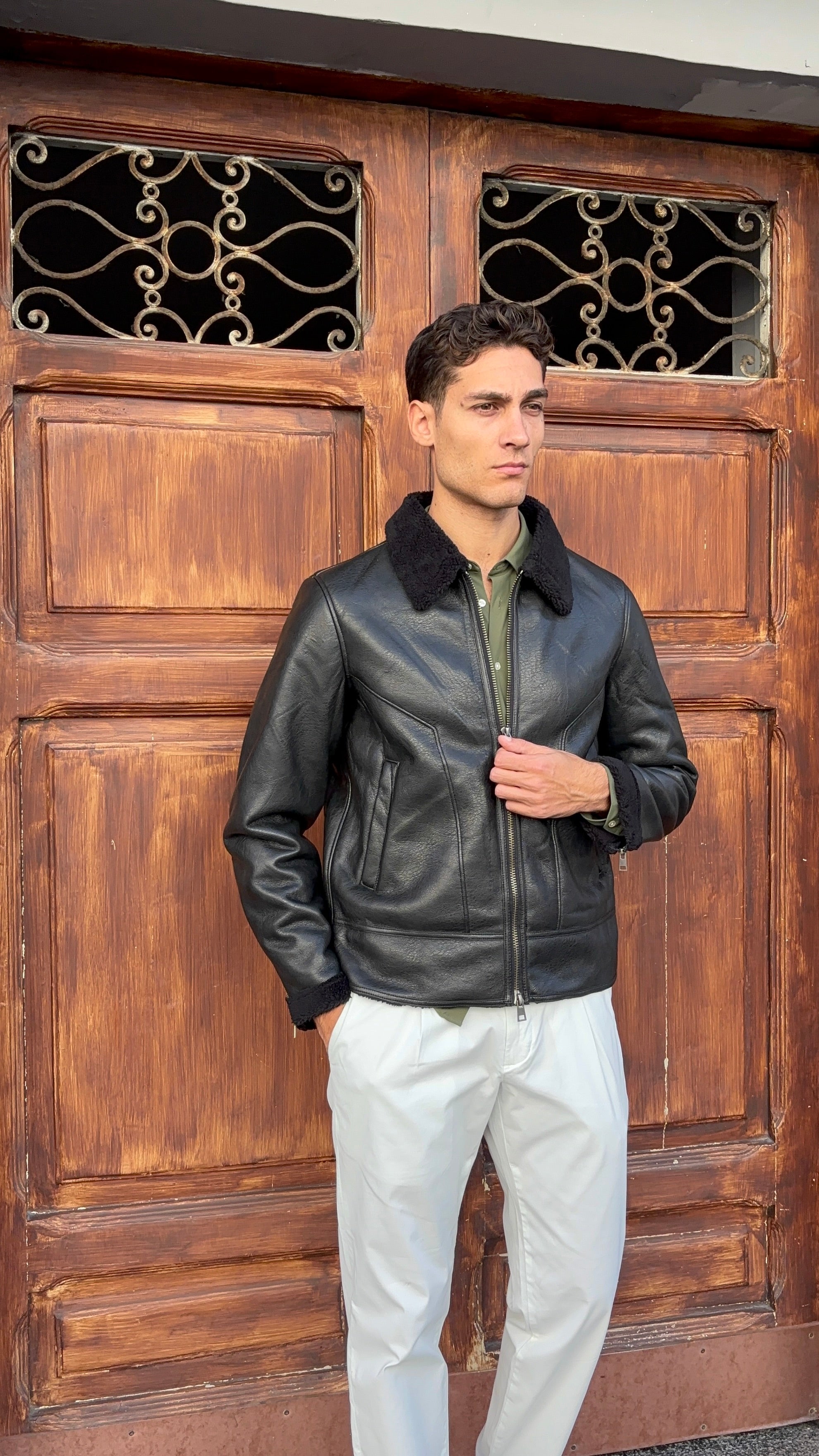 Men's Black Faux Leather Shearling Collar Bomber Jacket