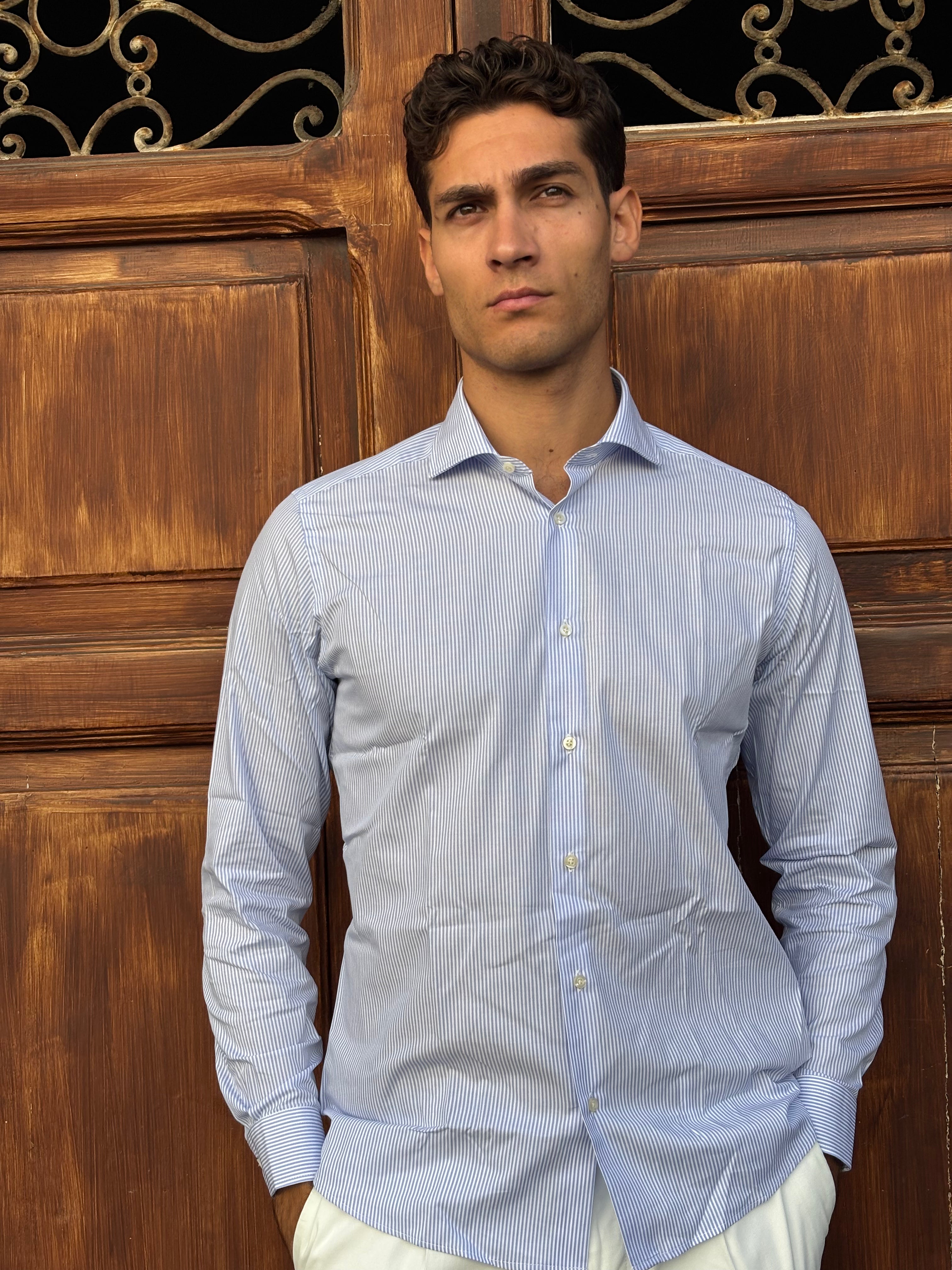 Men's 100% Cotton Blue Pinstripe Button-Down Shirt