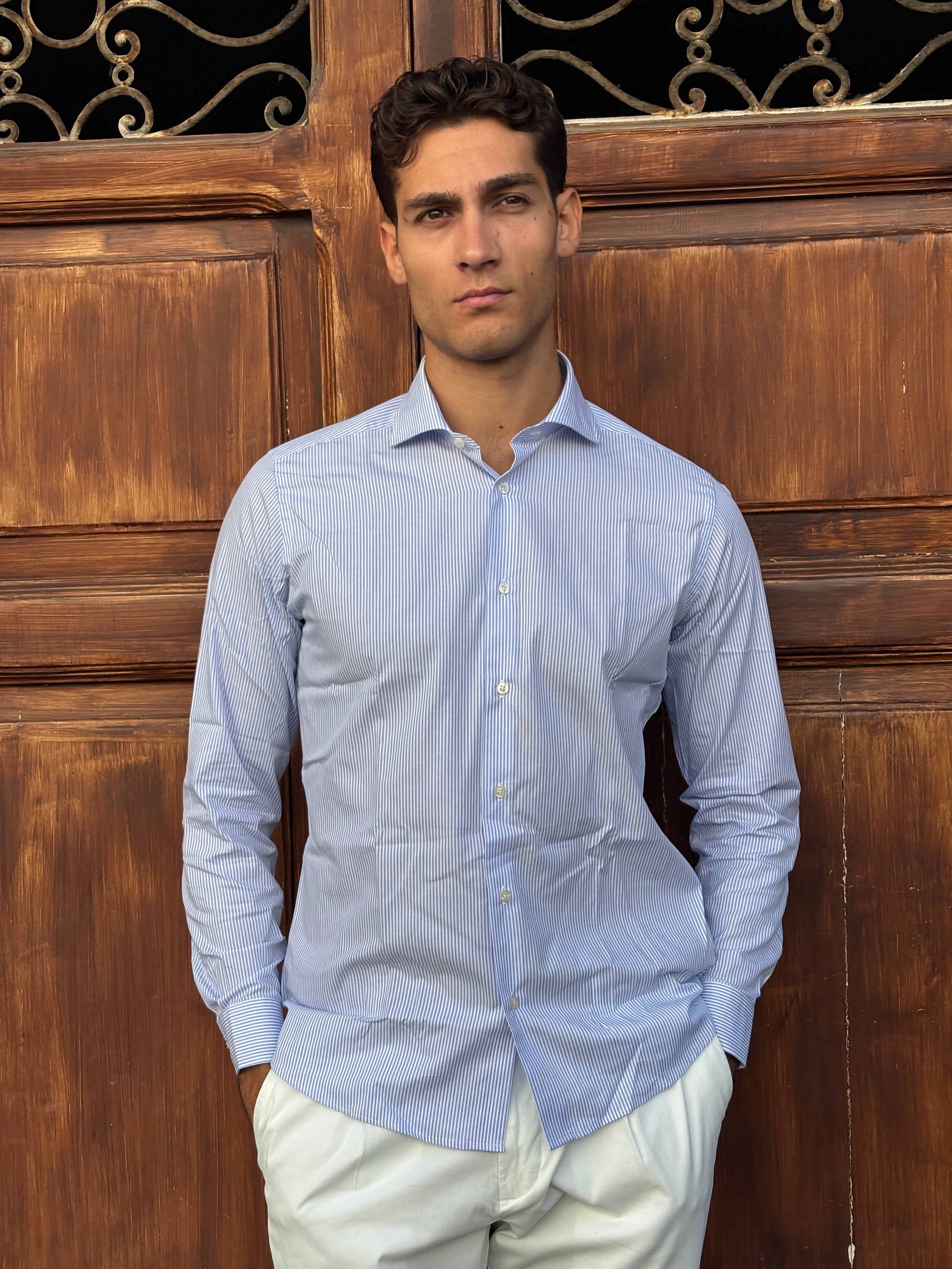 Men's 100% Cotton Blue Pinstripe Button-Down Shirt