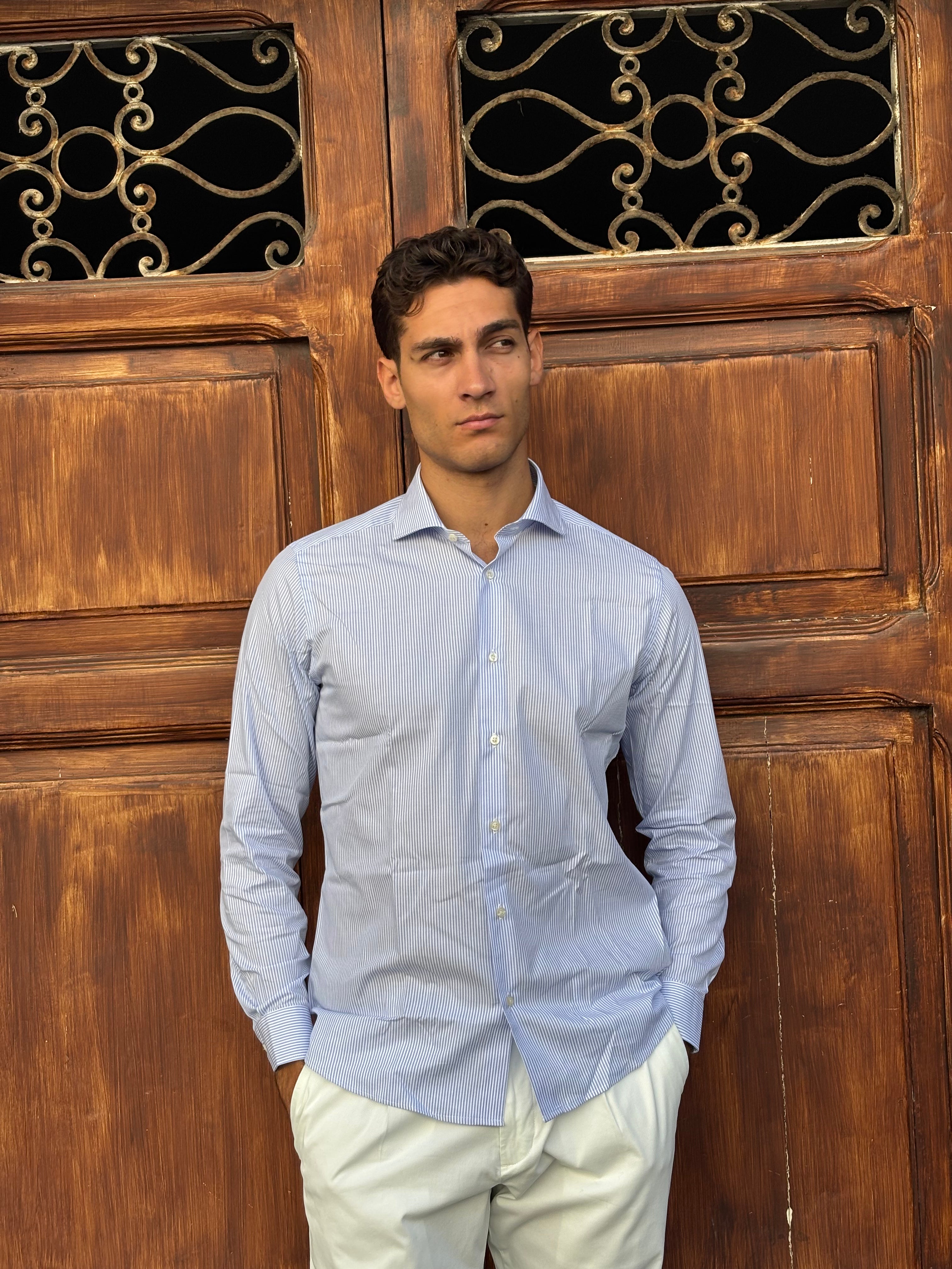 Men's 100% Cotton Blue Pinstripe Button-Down Shirt