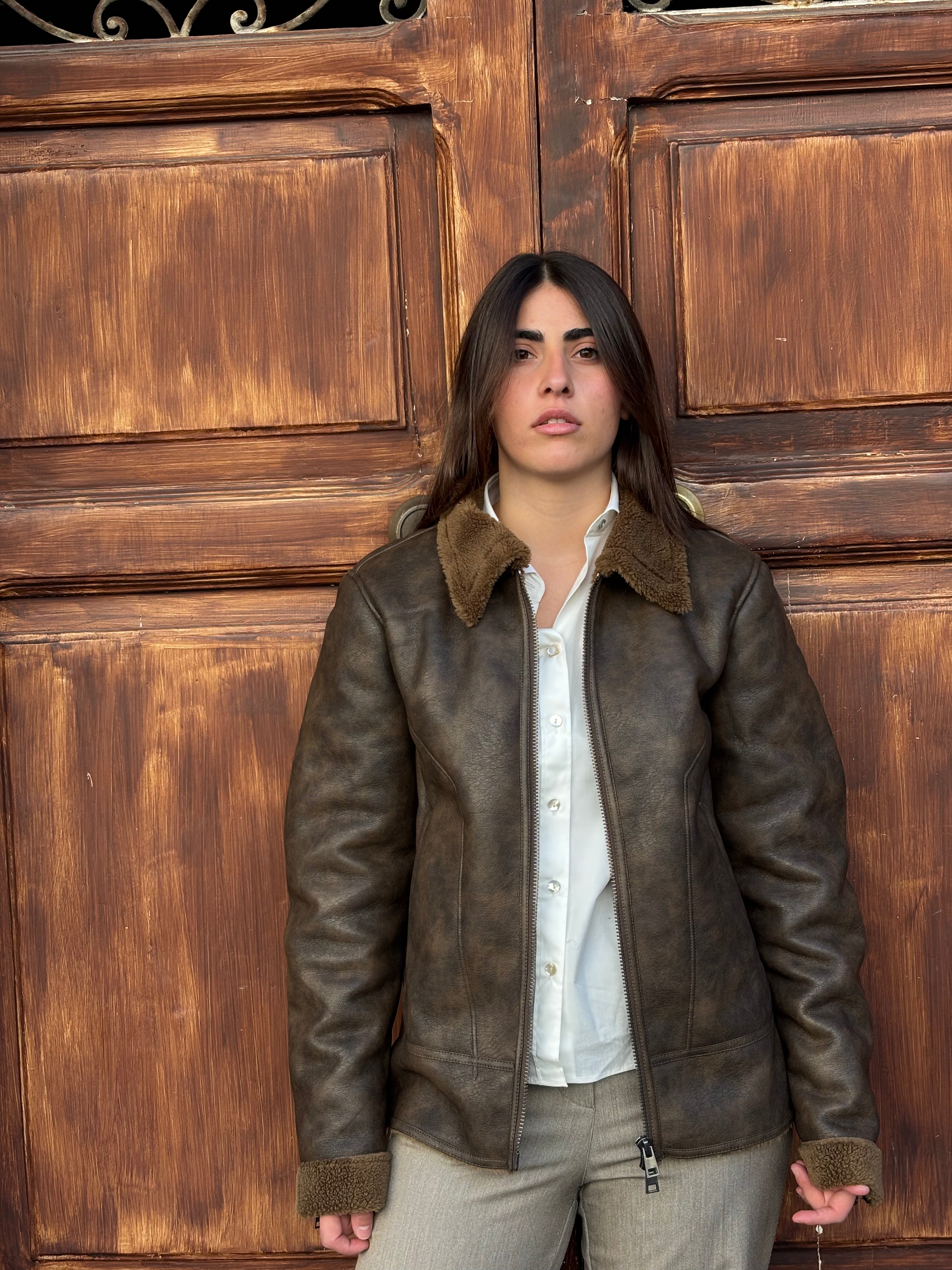 Women's Brown Faux Suede Shearling Aviator Jacket