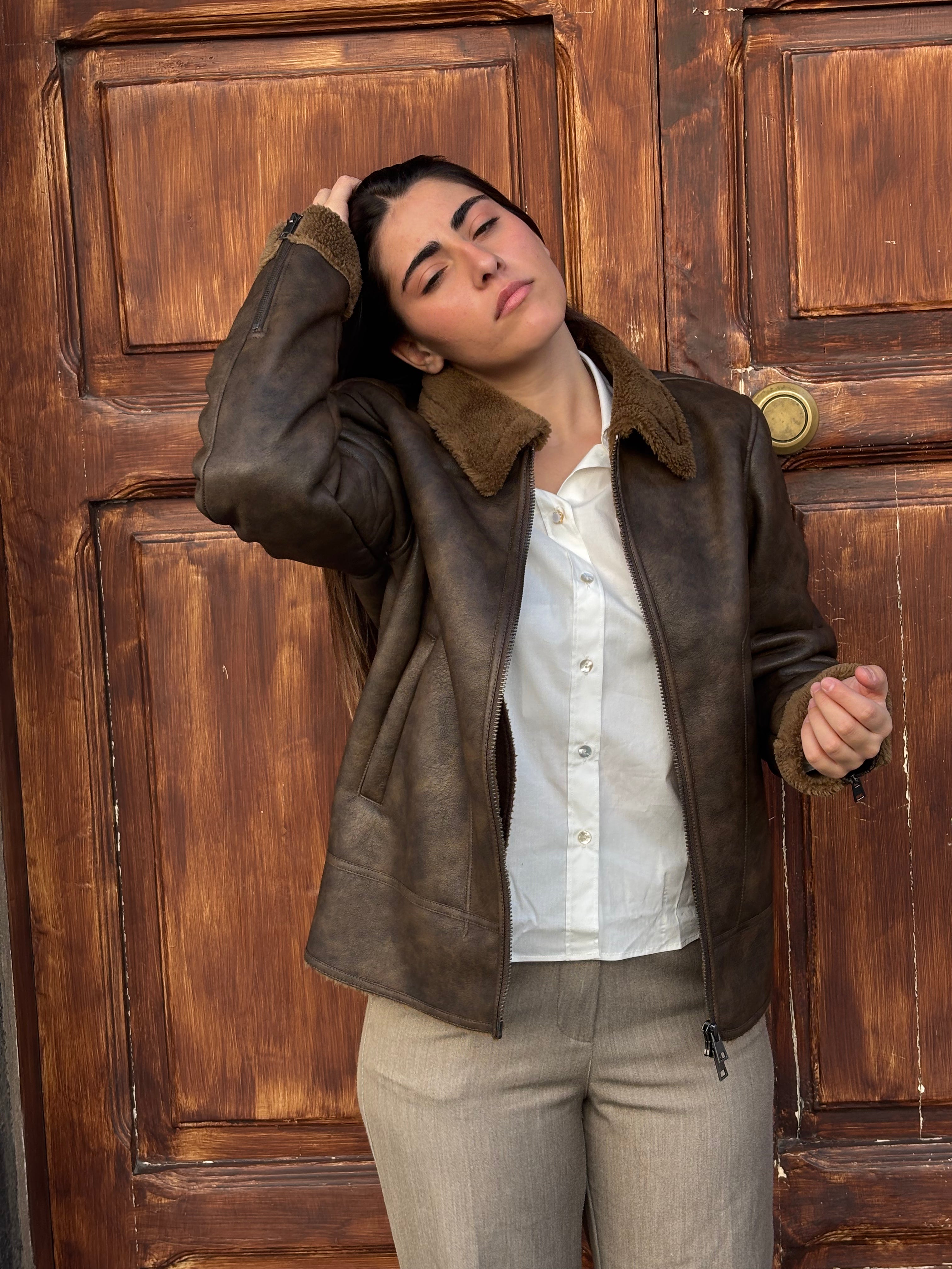 Women's Brown Faux Suede Shearling Aviator Jacket