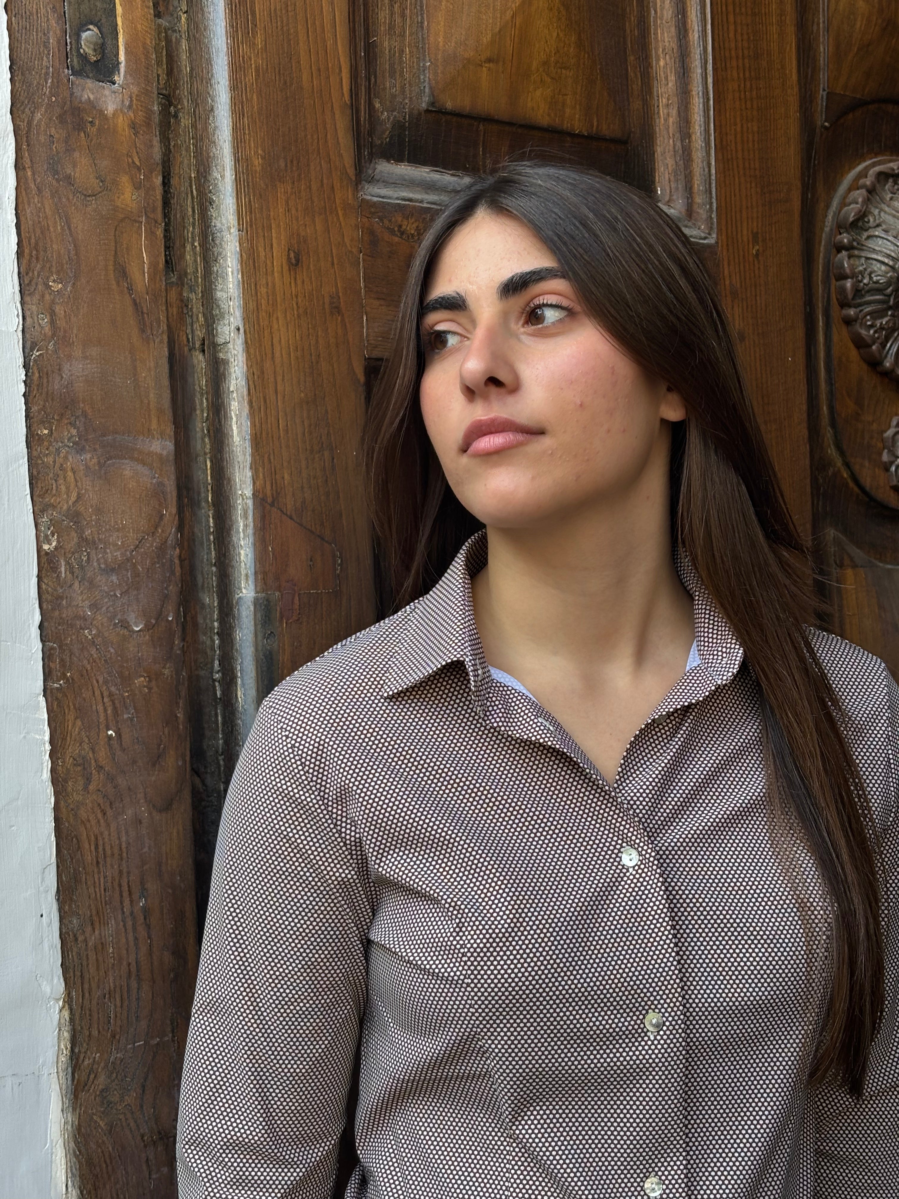 Women's Brown Microdot Stretch Blouse - Spandex Button-Down Shirt