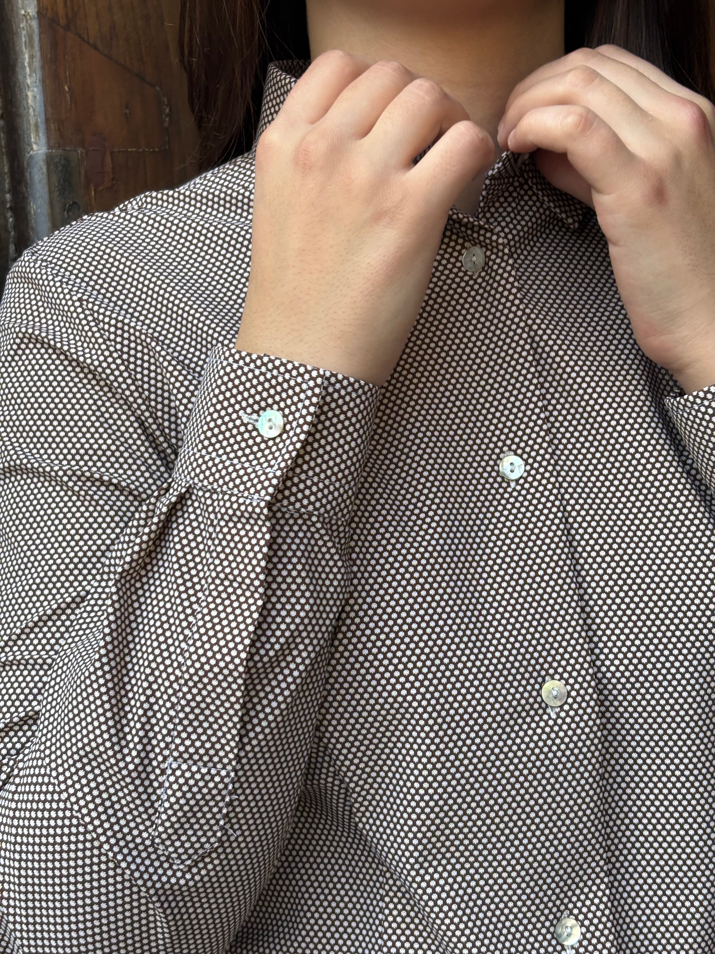 Women's Brown Microdot Stretch Blouse - Spandex Button-Down Shirt