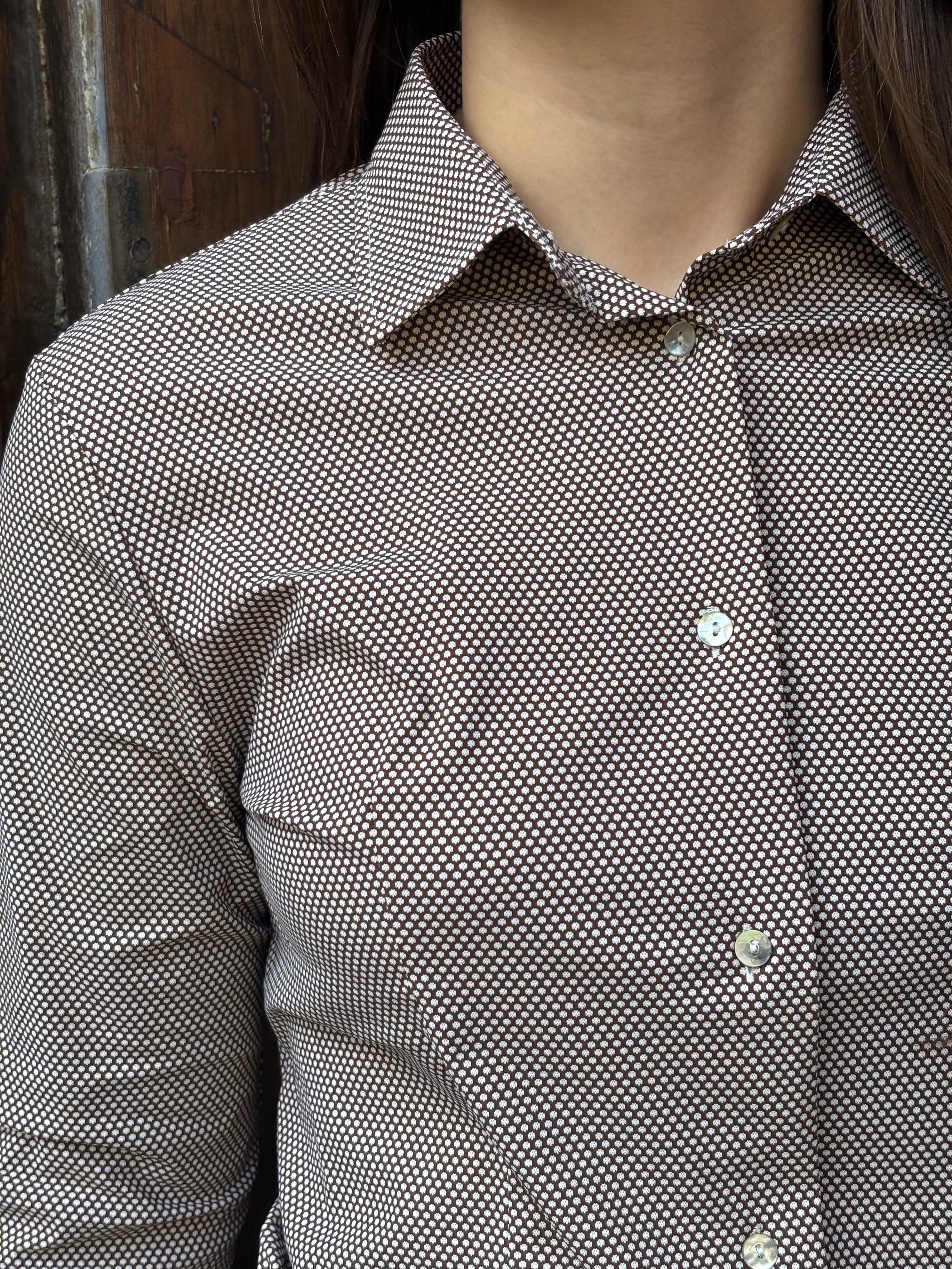 Women's Brown Microdot Stretch Blouse - Spandex Button-Down Shirt