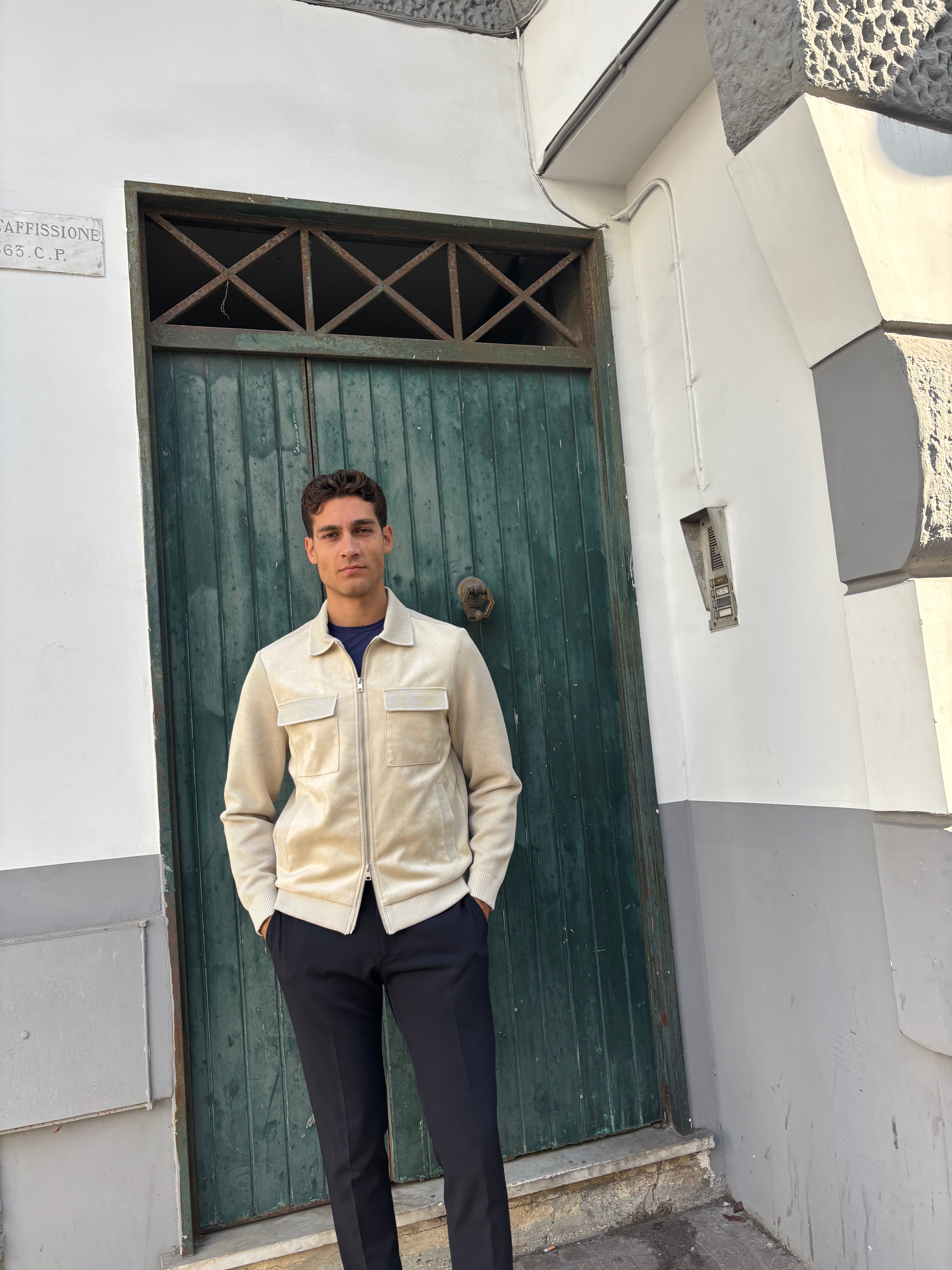 Men's Beige Textured Knit Zip Jacket - Shirt Collar Casual Outerwear