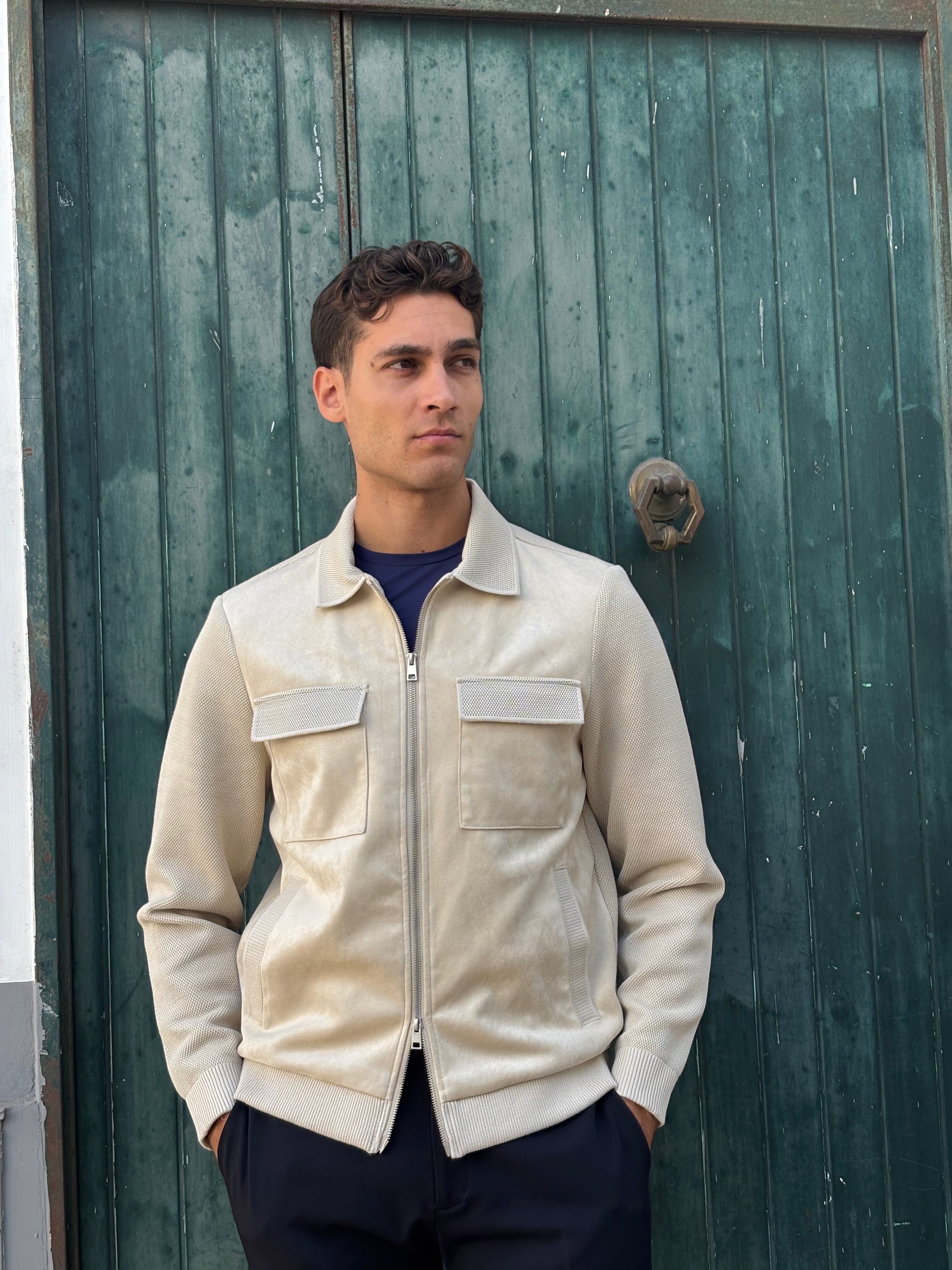 Men's Beige Textured Knit Zip Jacket - Shirt Collar Casual Outerwear