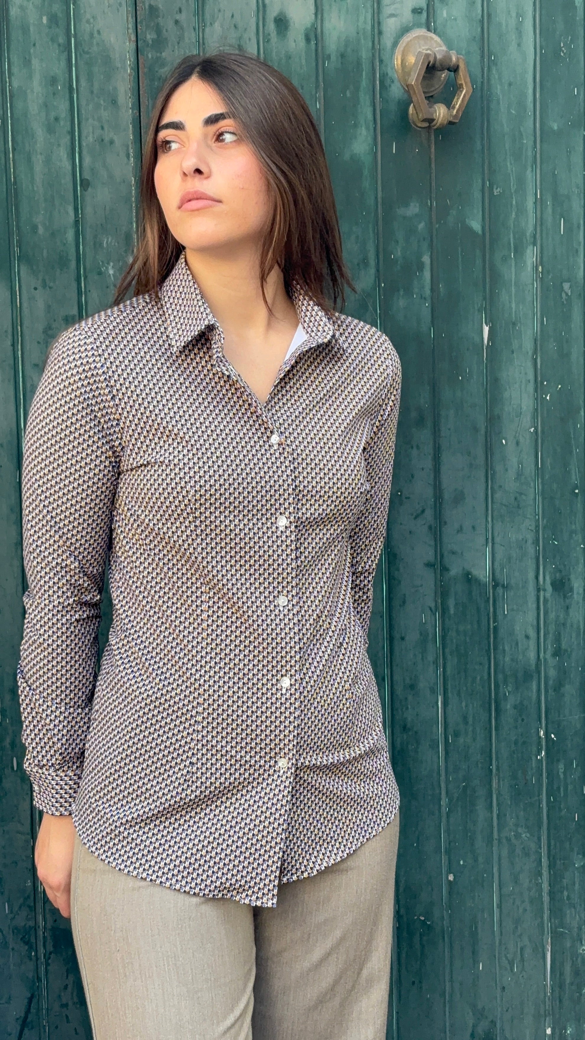 Women's Brown Geometric Print Stretch Blouse - Spandex Button-Down