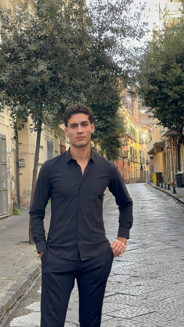 Men's Black 100% Cotton Long Sleeve Button-Down Shirt