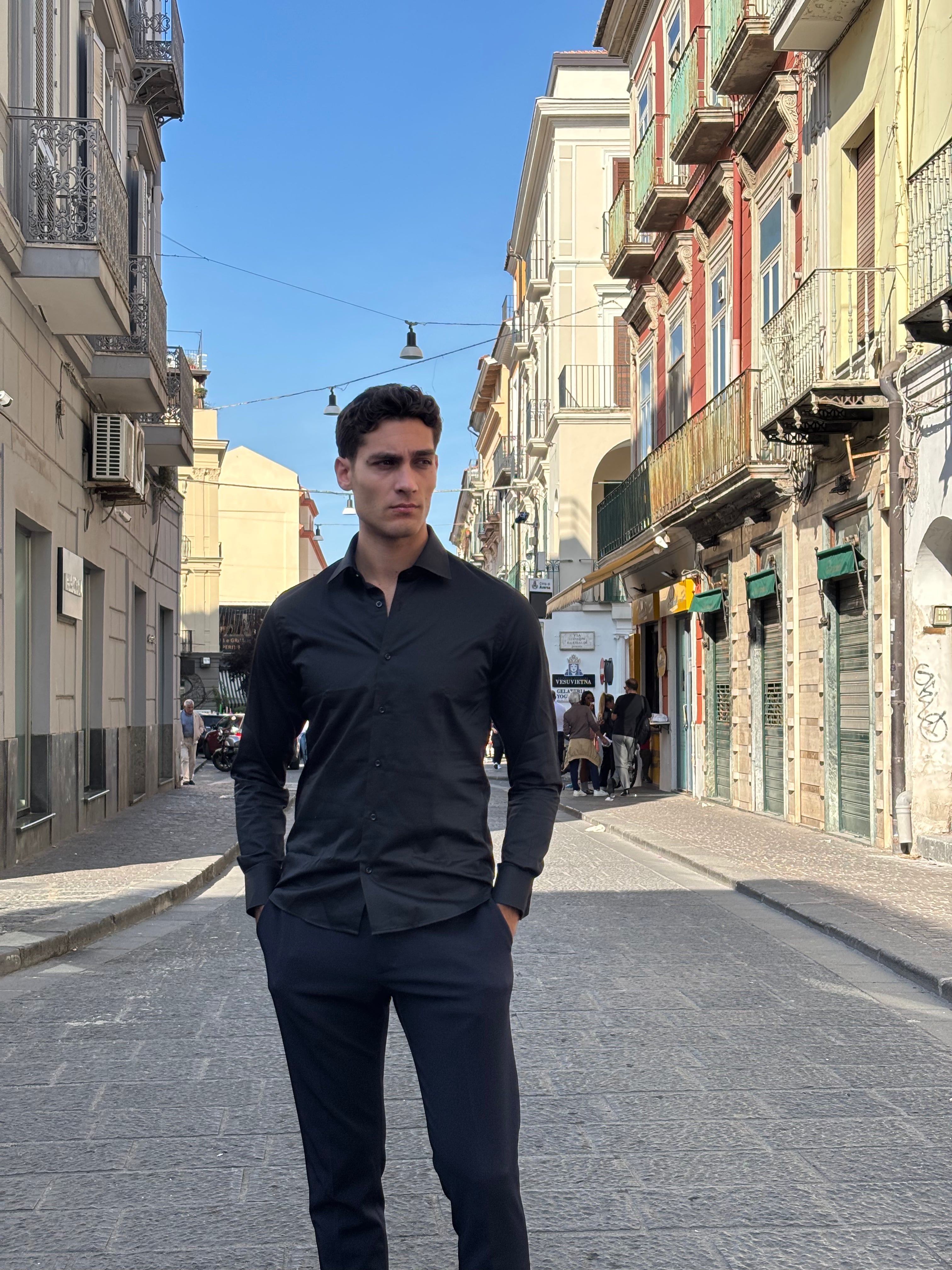 Men's Black 100% Cotton Long Sleeve Button-Down Shirt