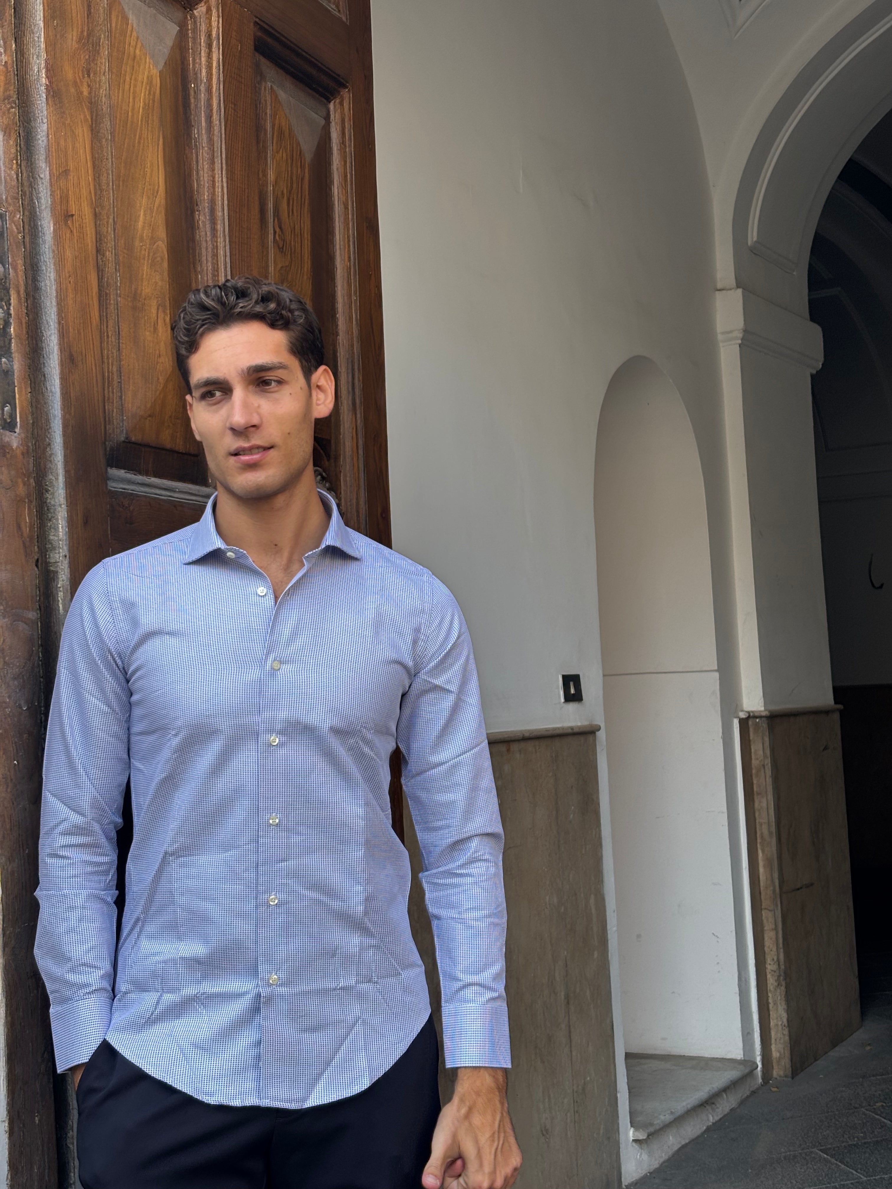 Men's 100% Cotton Blue Micro-Stripe Dress Shirt