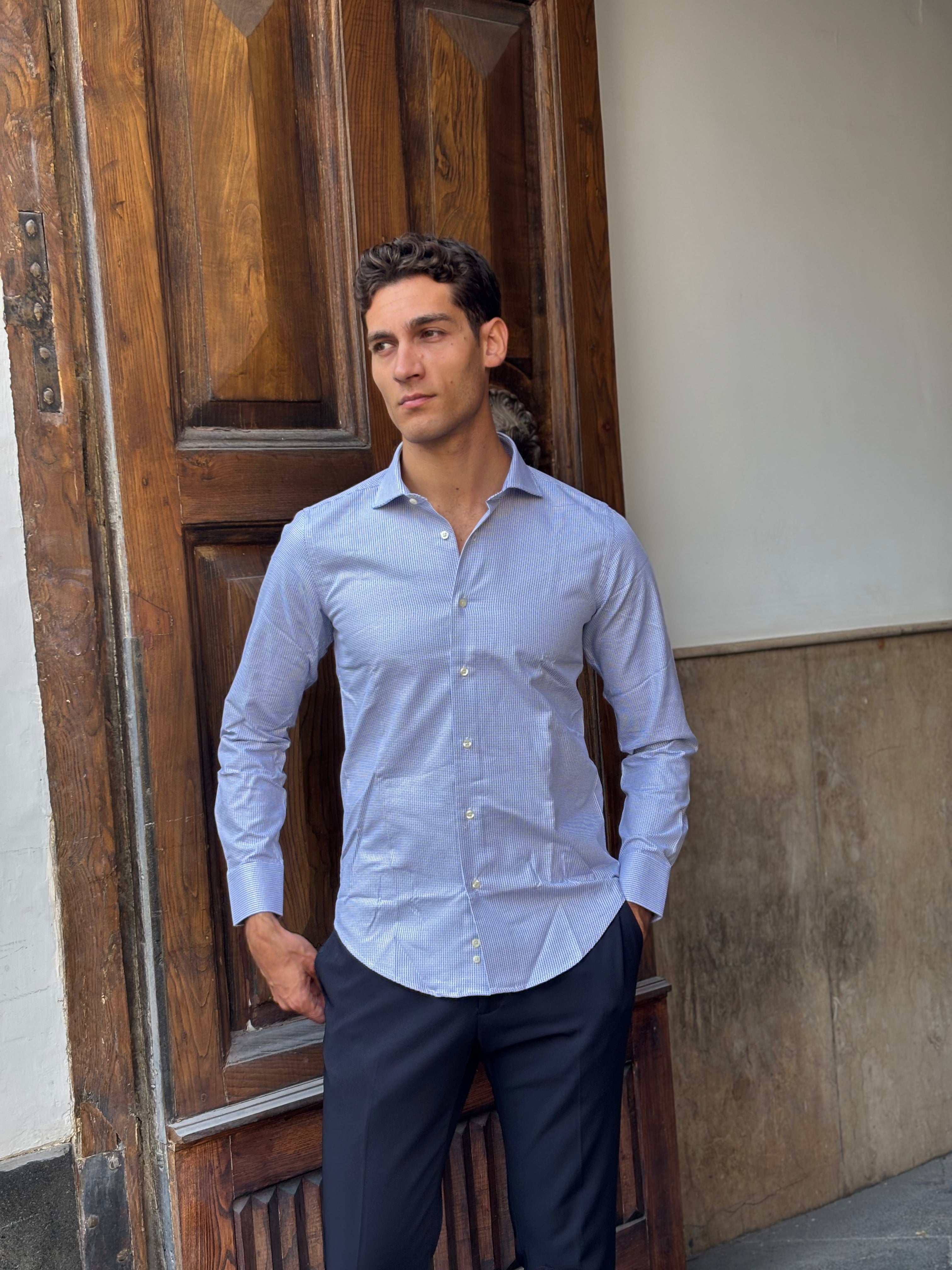 Men's 100% Cotton Blue Micro-Stripe Dress Shirt