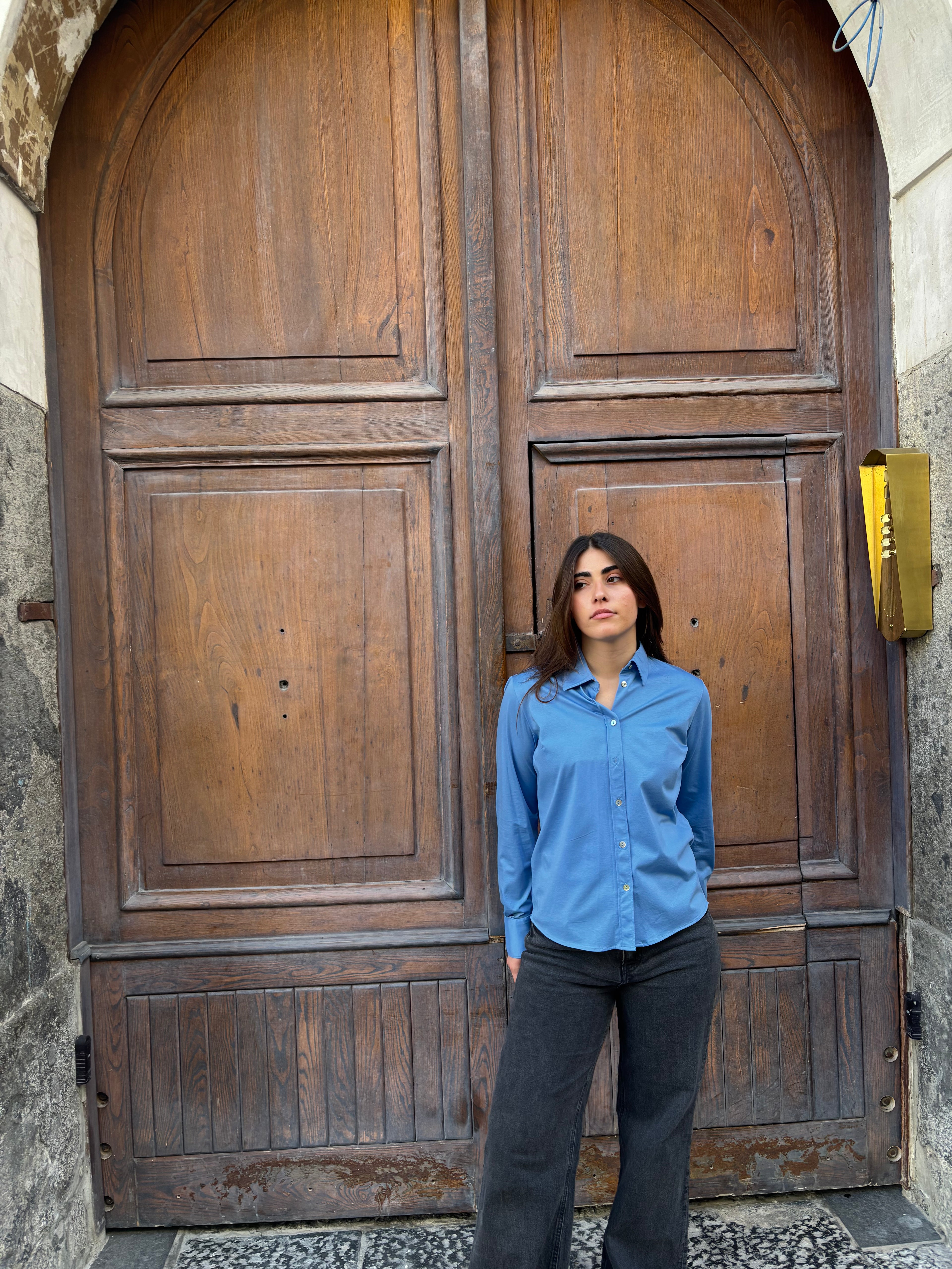 Women's Blue Cotton Modal Blend Long Sleeve Button-Down Shirt