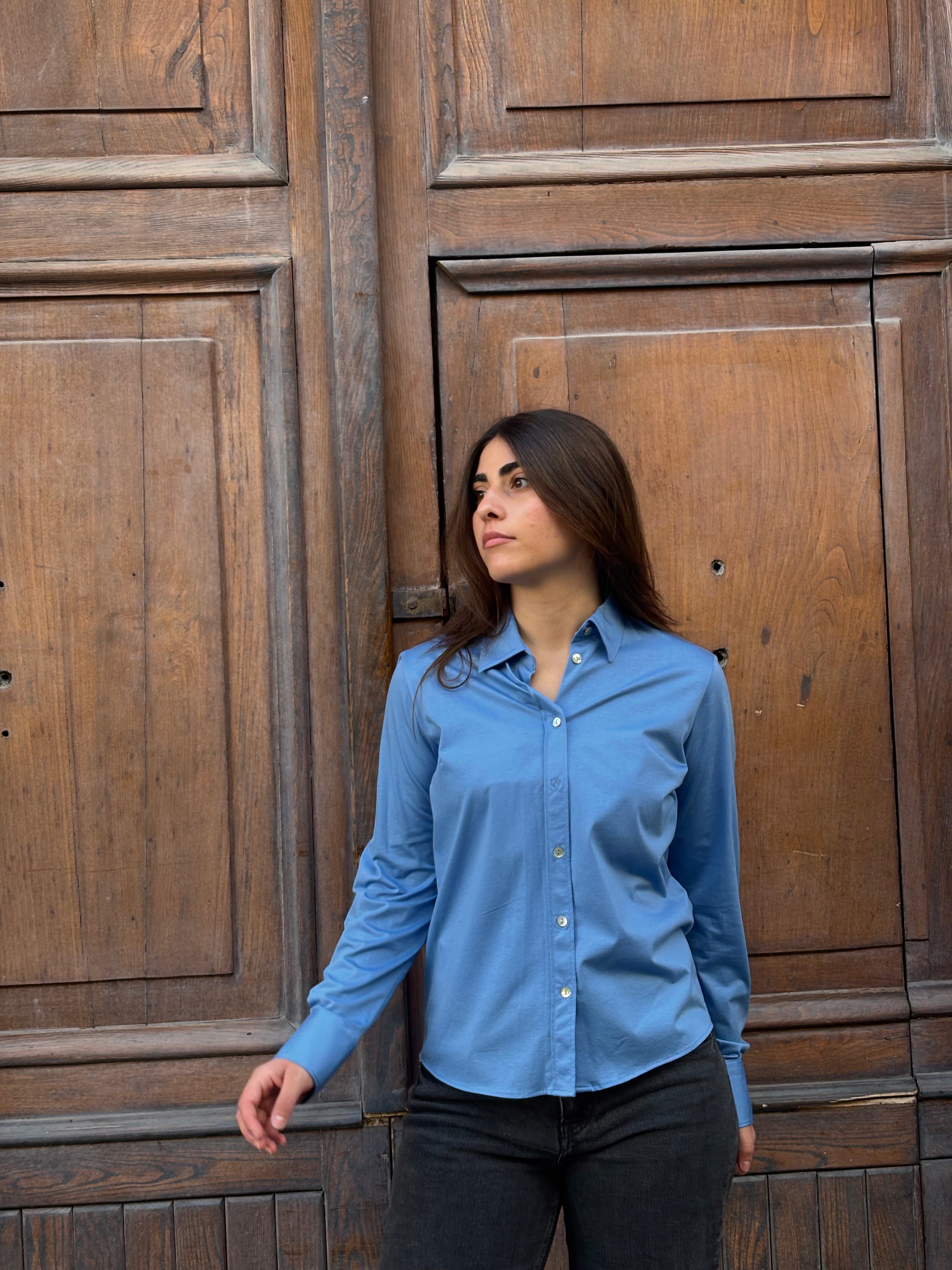 Women's Blue Cotton Modal Blend Long Sleeve Button-Down Shirt