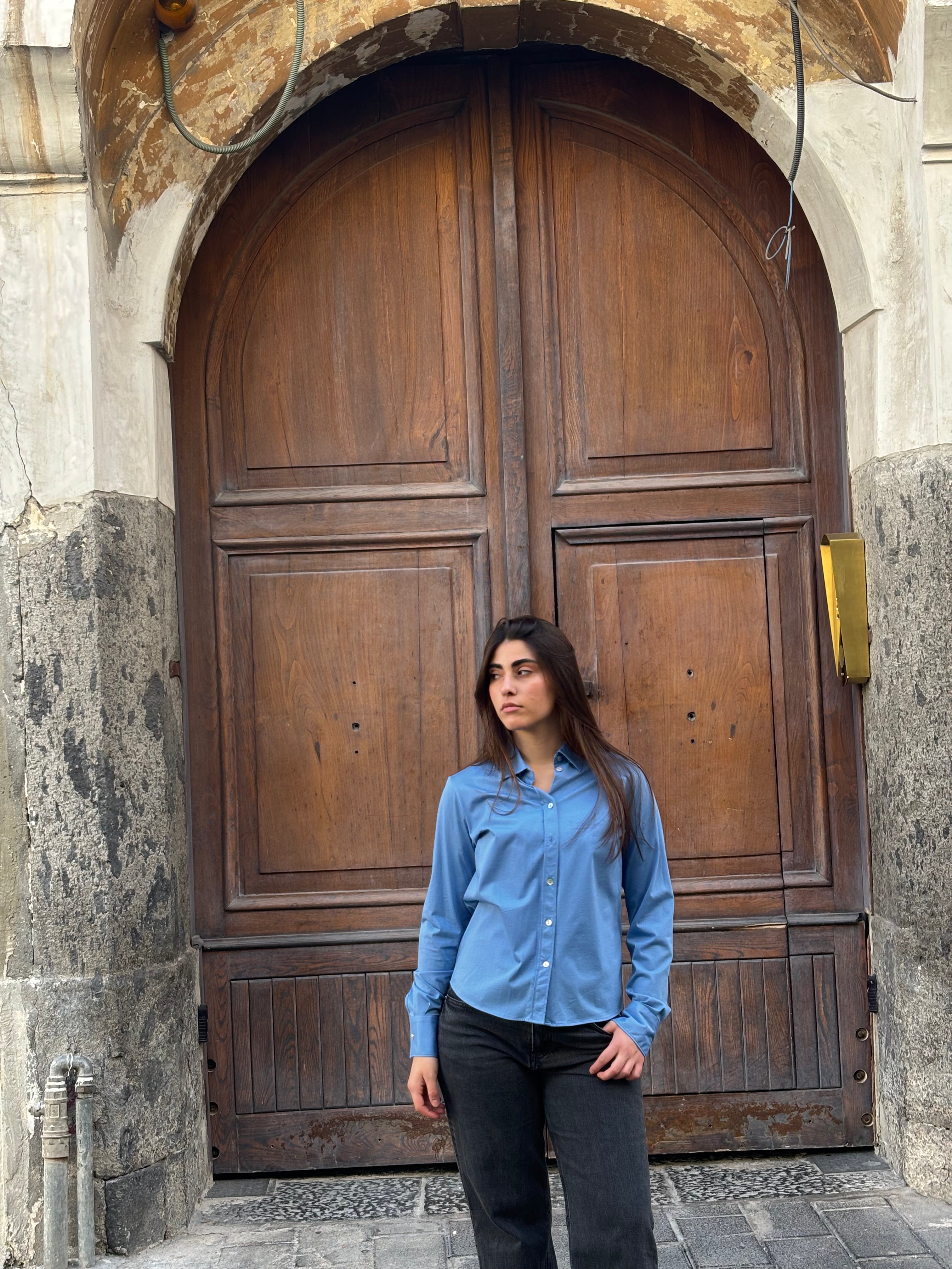 Women's Blue Cotton Modal Blend Long Sleeve Button-Down Shirt