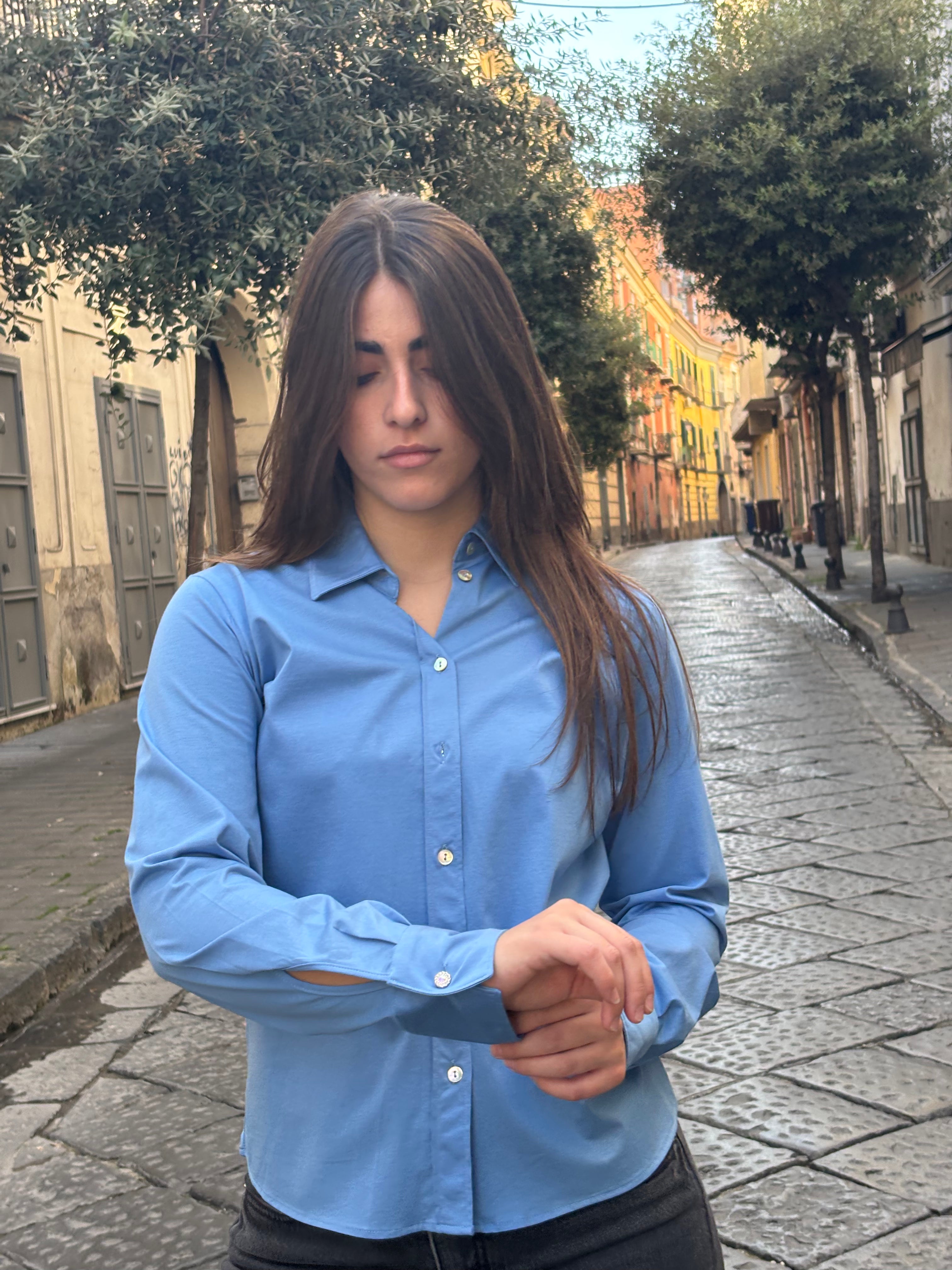 Women's Blue Cotton Modal Blend Long Sleeve Button-Down Shirt