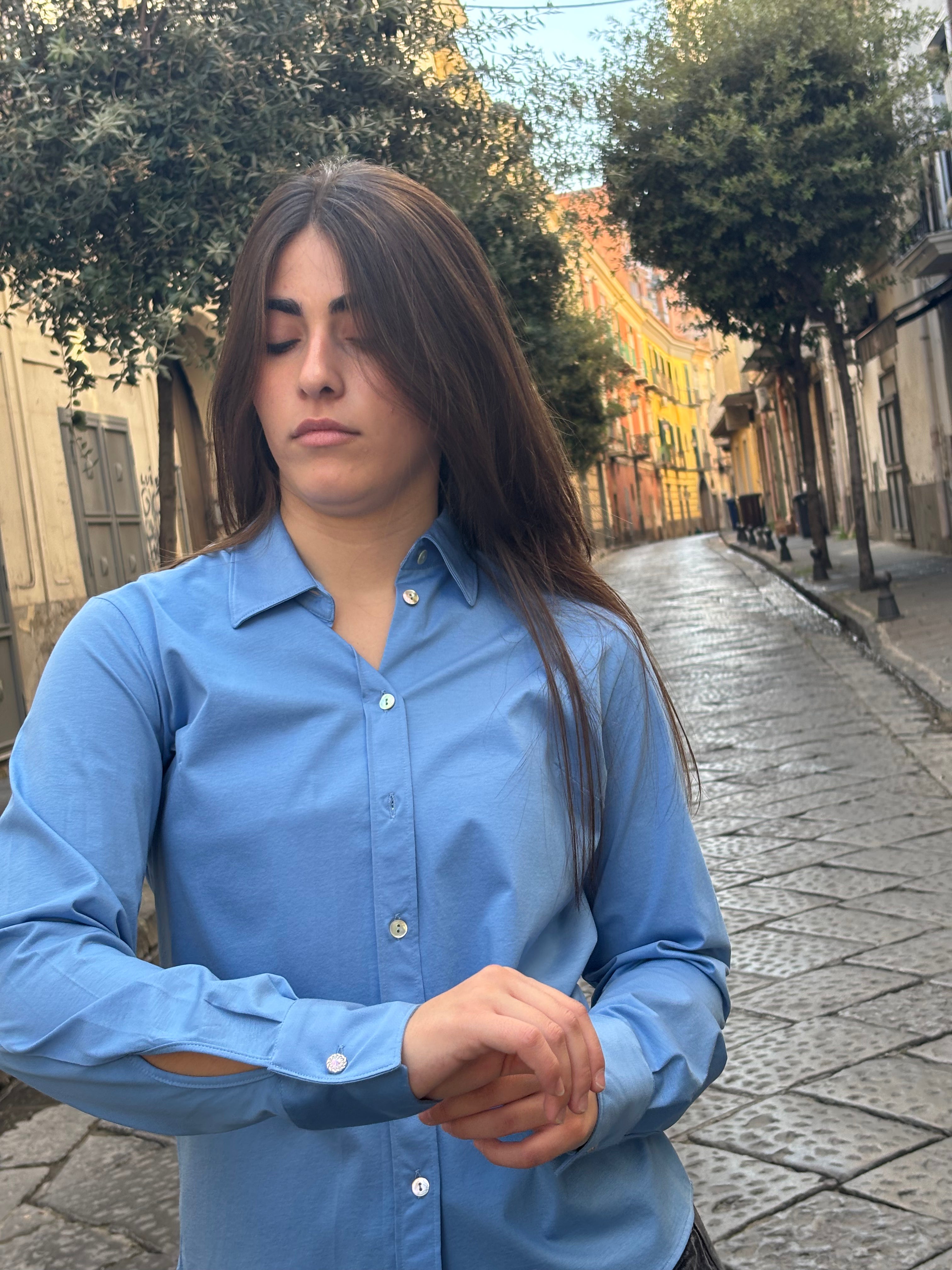 Women's Blue Cotton Modal Blend Long Sleeve Button-Down Shirt