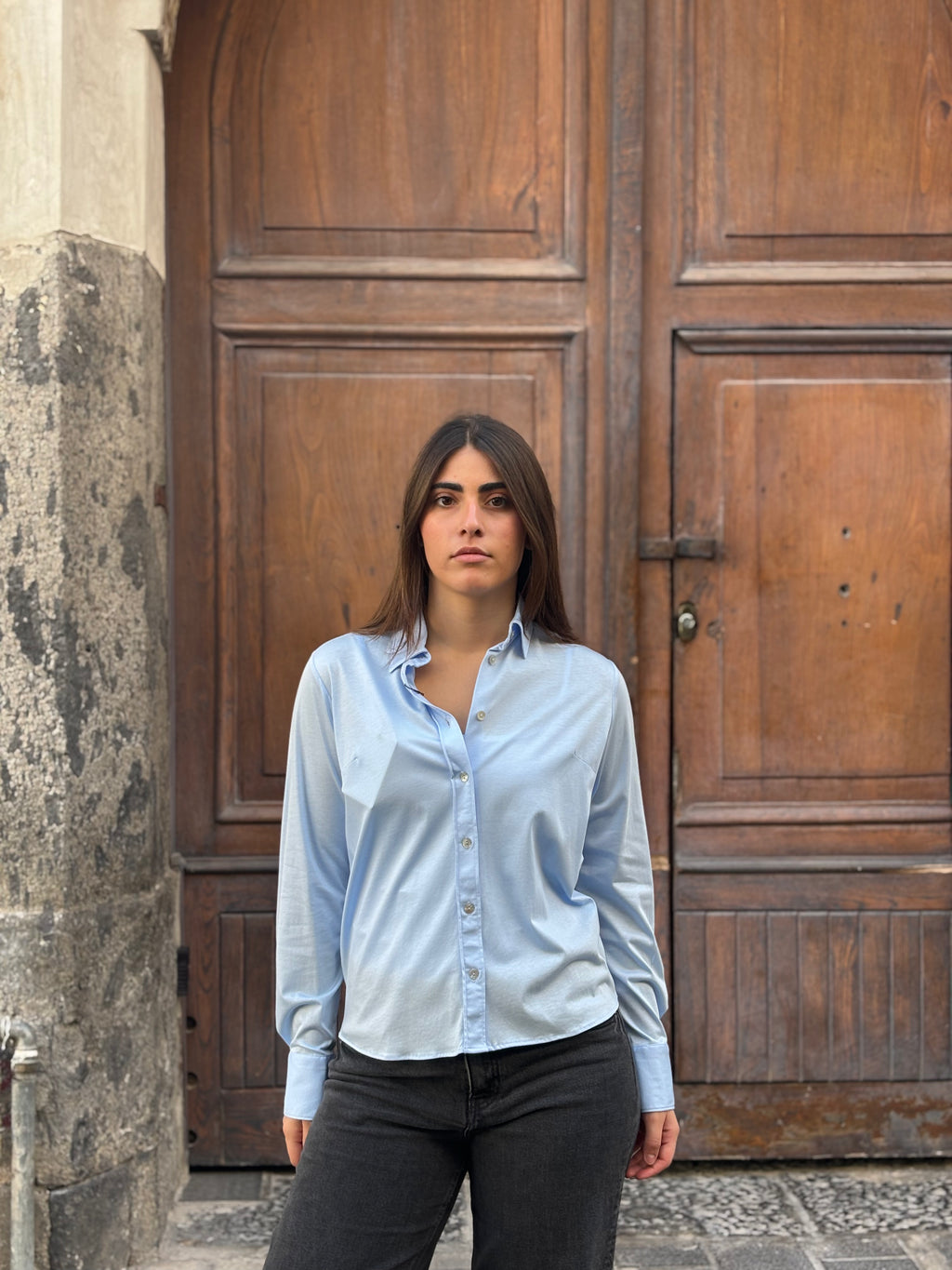 Women's Light Blue Modal Cotton Blend Shirt - Split Button Cuff