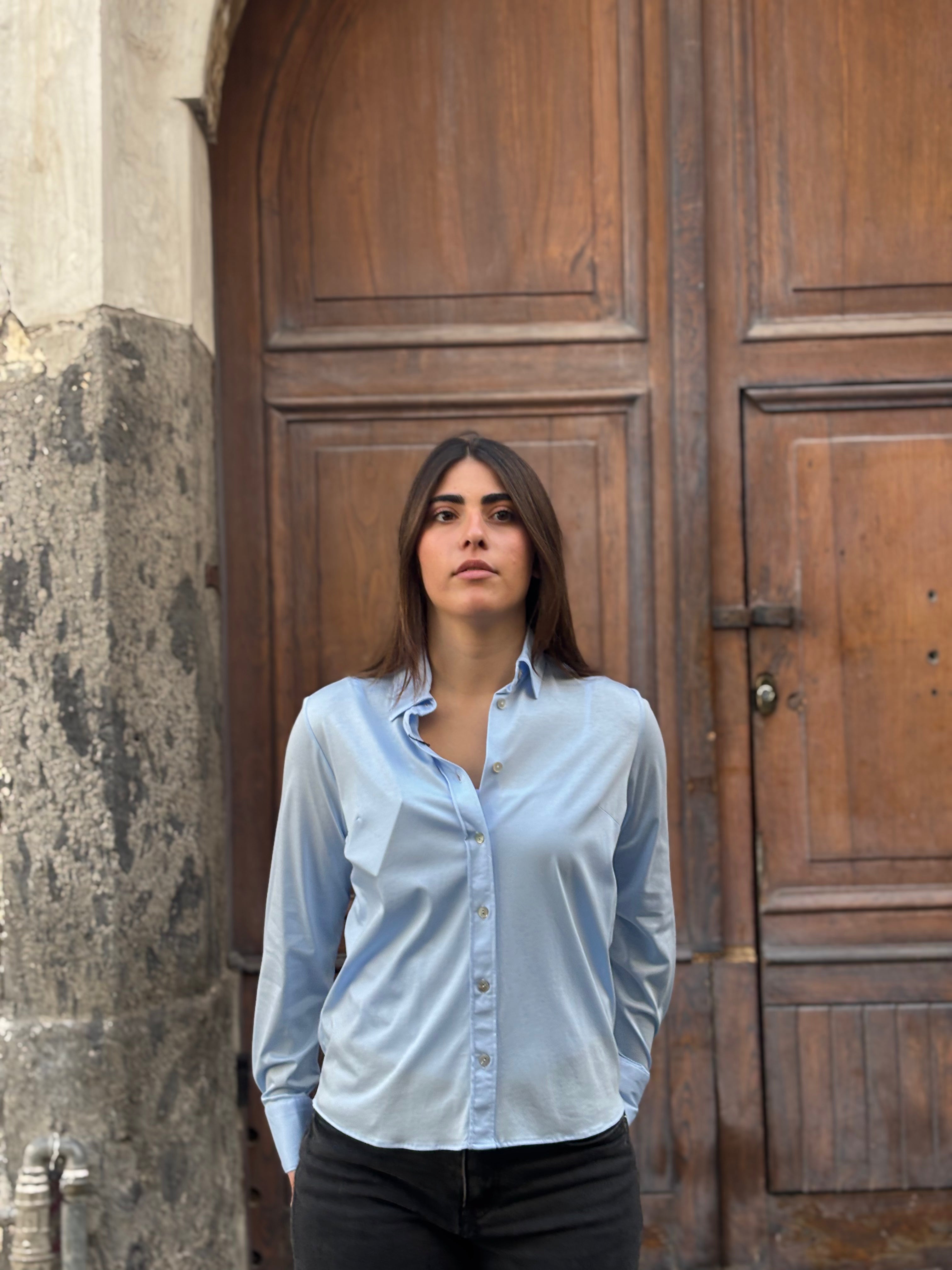 Women's Light Blue Modal Cotton Blend Shirt - Split Button Cuff