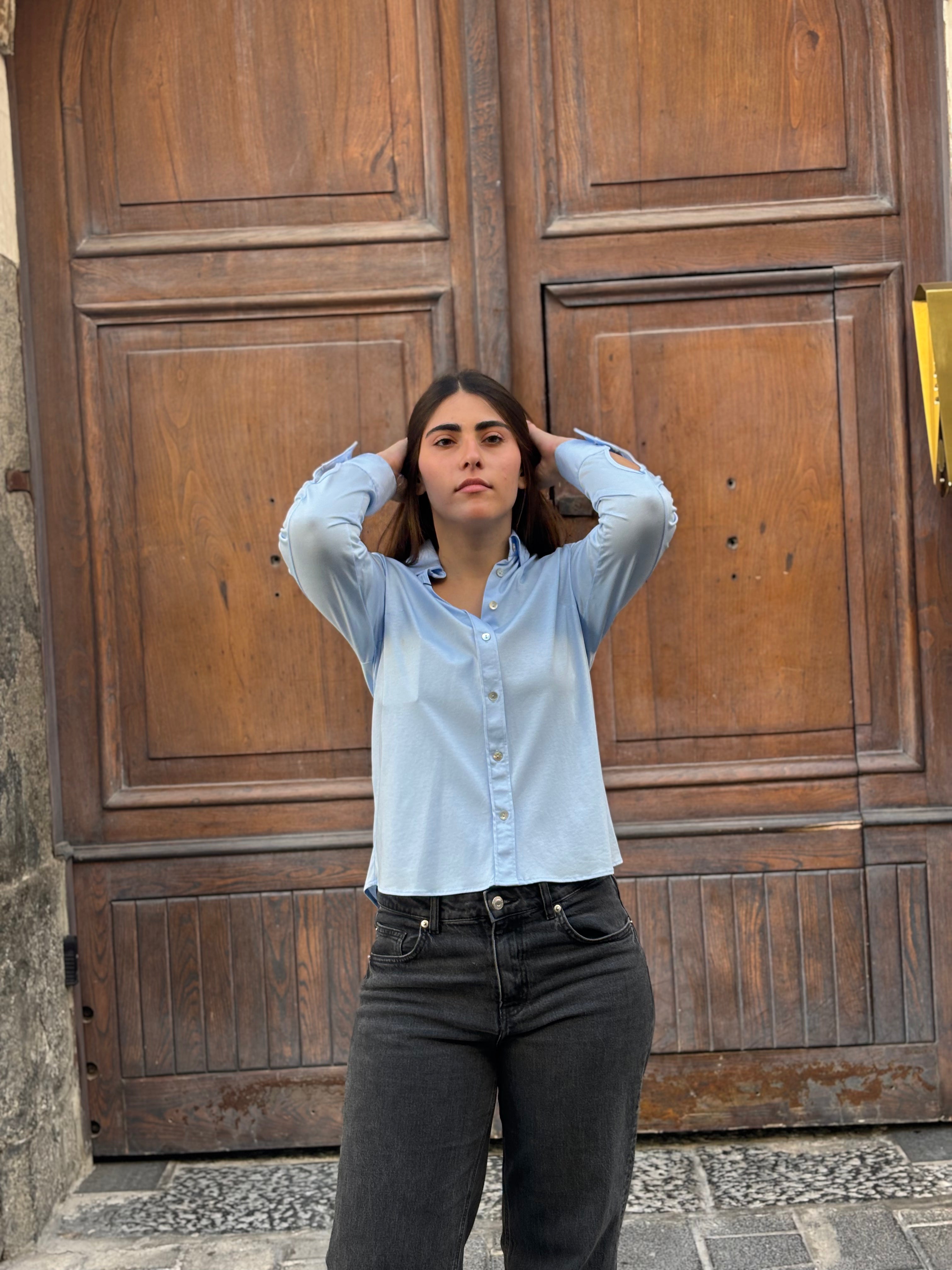 Women's Light Blue Modal Cotton Blend Shirt - Split Button Cuff