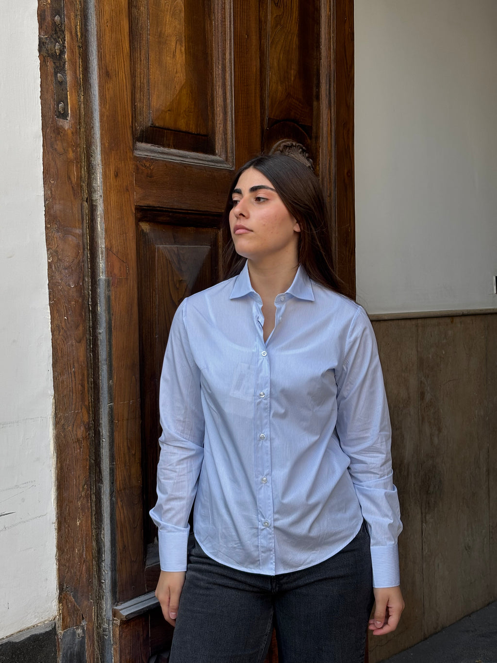 Women's 100% Cotton Blue Pinstripe Button-Down Blouse