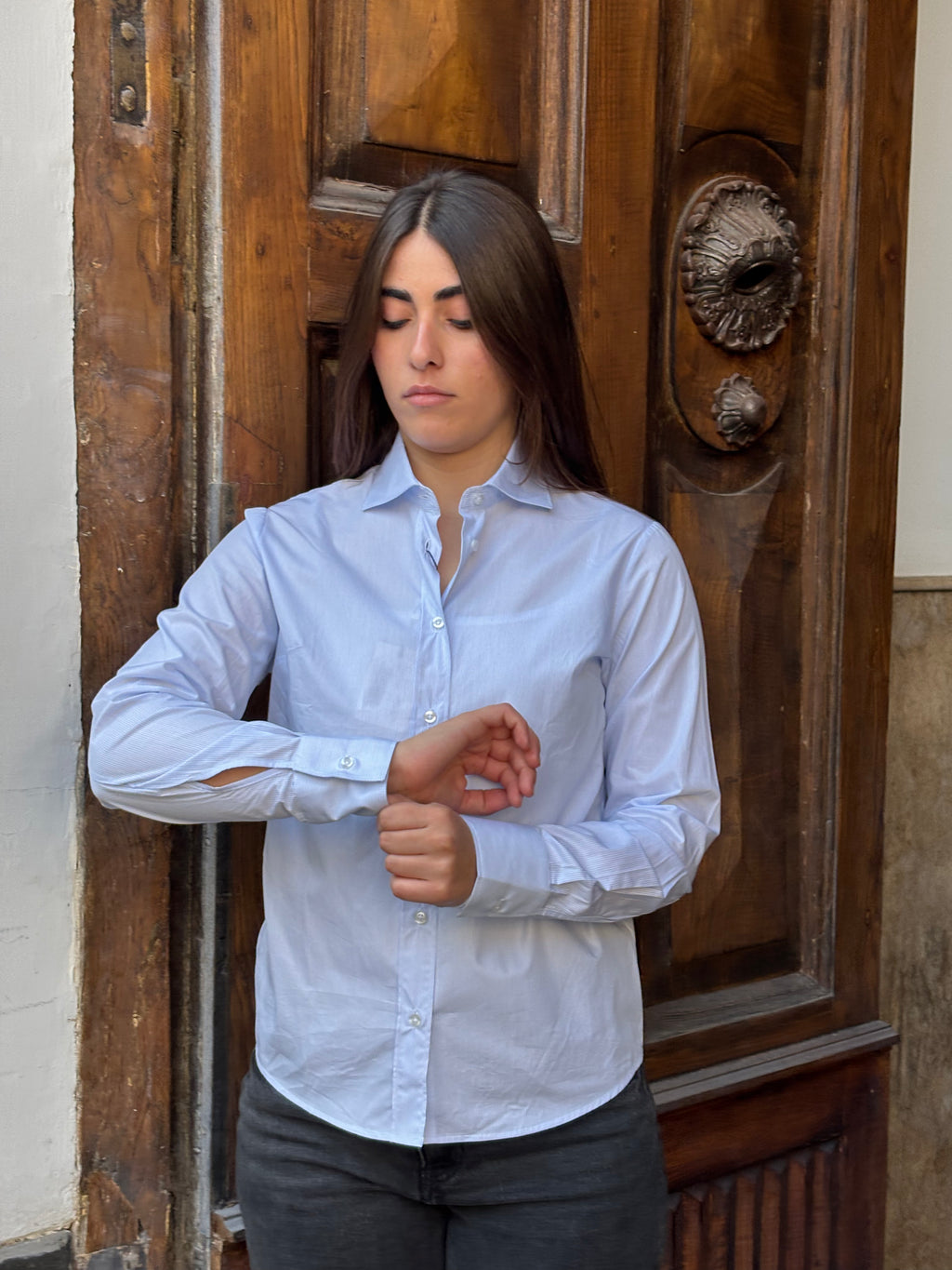 Women's 100% Cotton Blue Pinstripe Button-Down Blouse