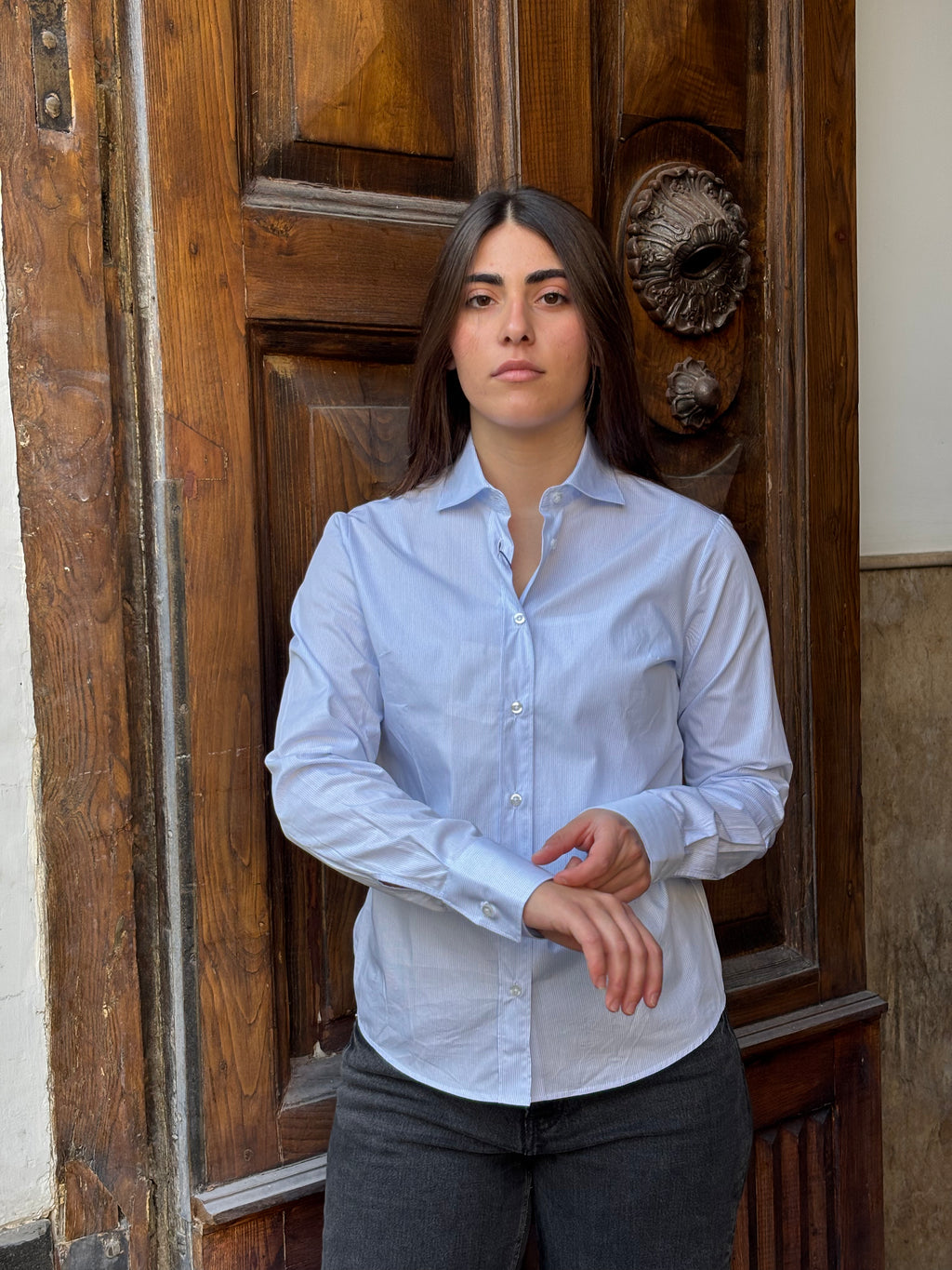 Women's 100% Cotton Blue Pinstripe Button-Down Blouse