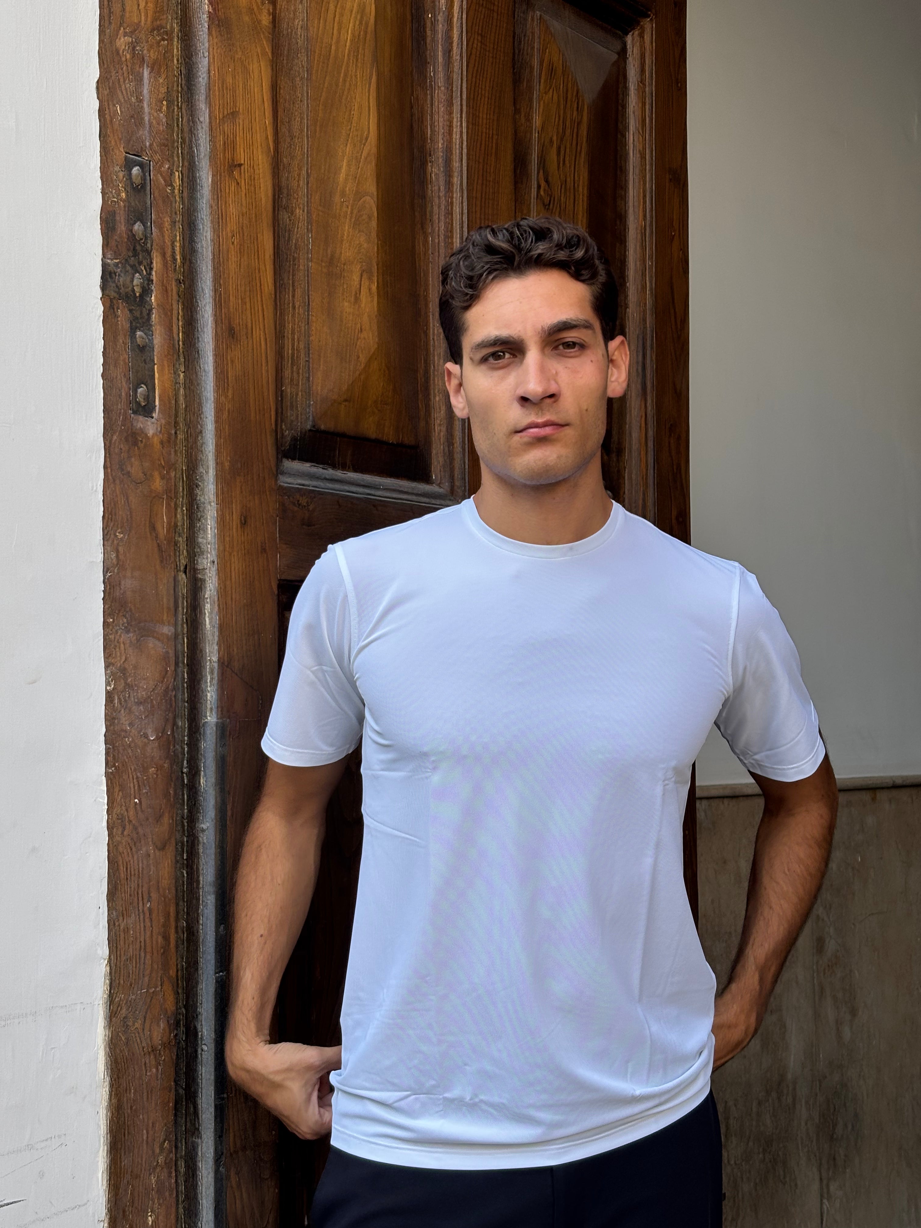 Men's White Nylon Spandex Blend T-Shirt - Athletic Crewneck Tee