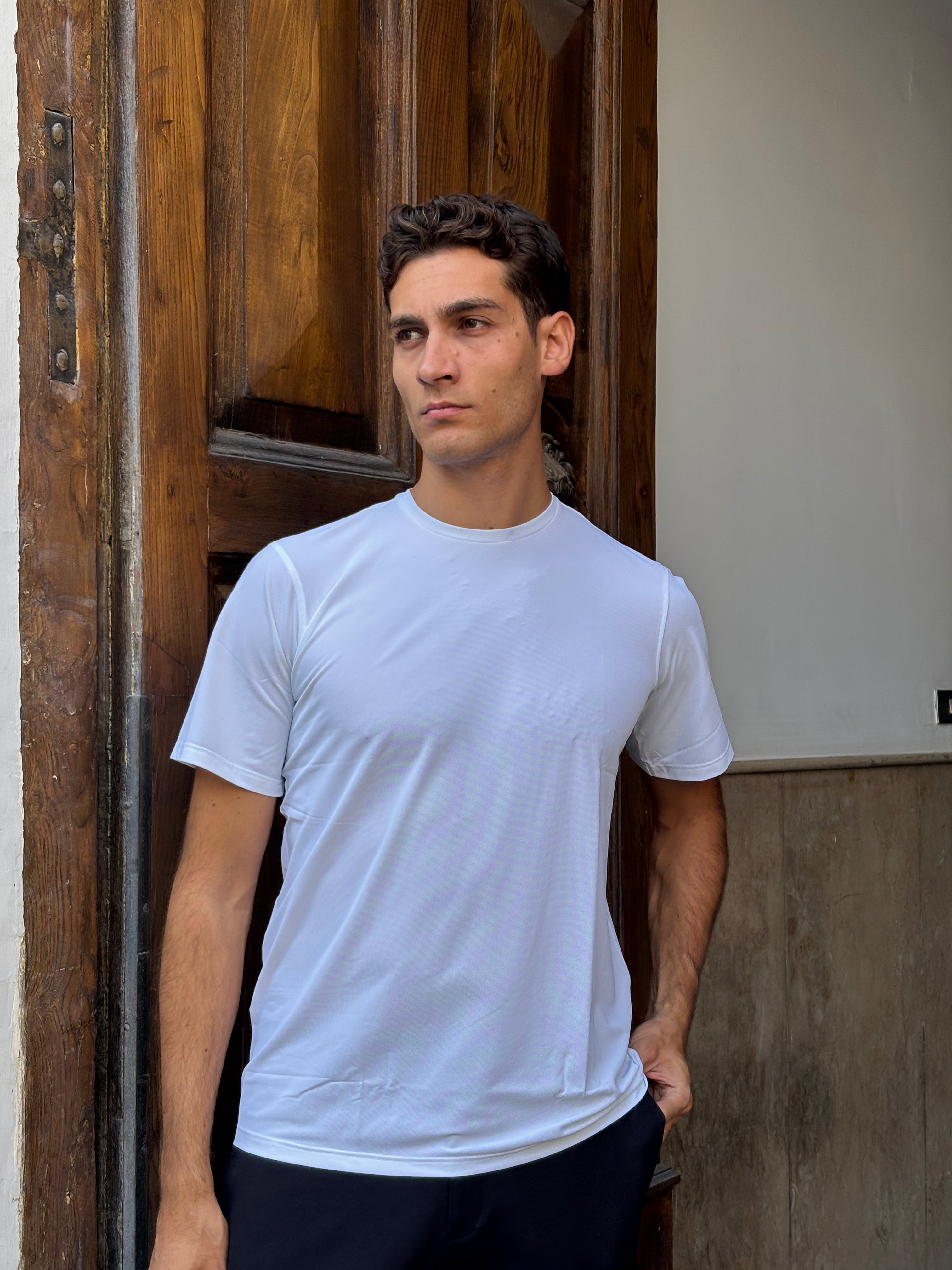 Men's White Nylon Spandex Blend T-Shirt - Athletic Crewneck Tee