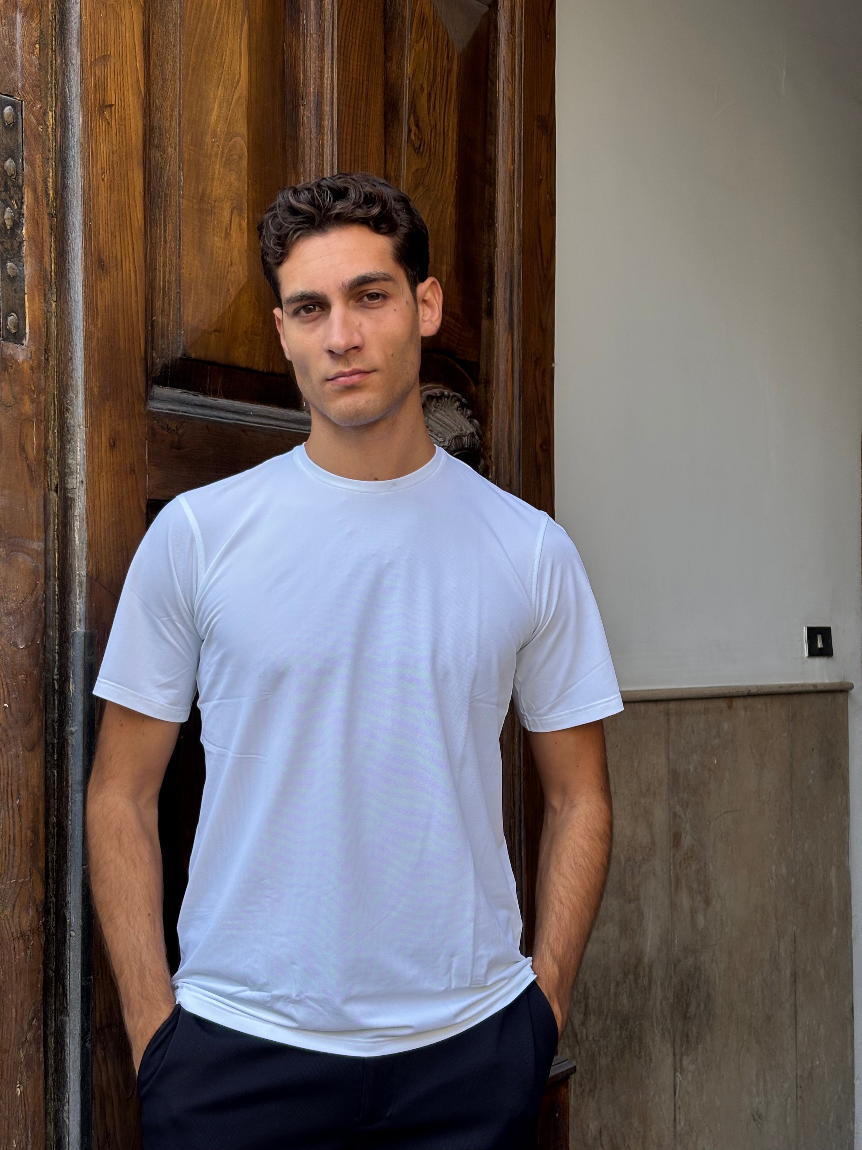 Men's White Nylon Spandex Blend T-Shirt - Athletic Crewneck Tee
