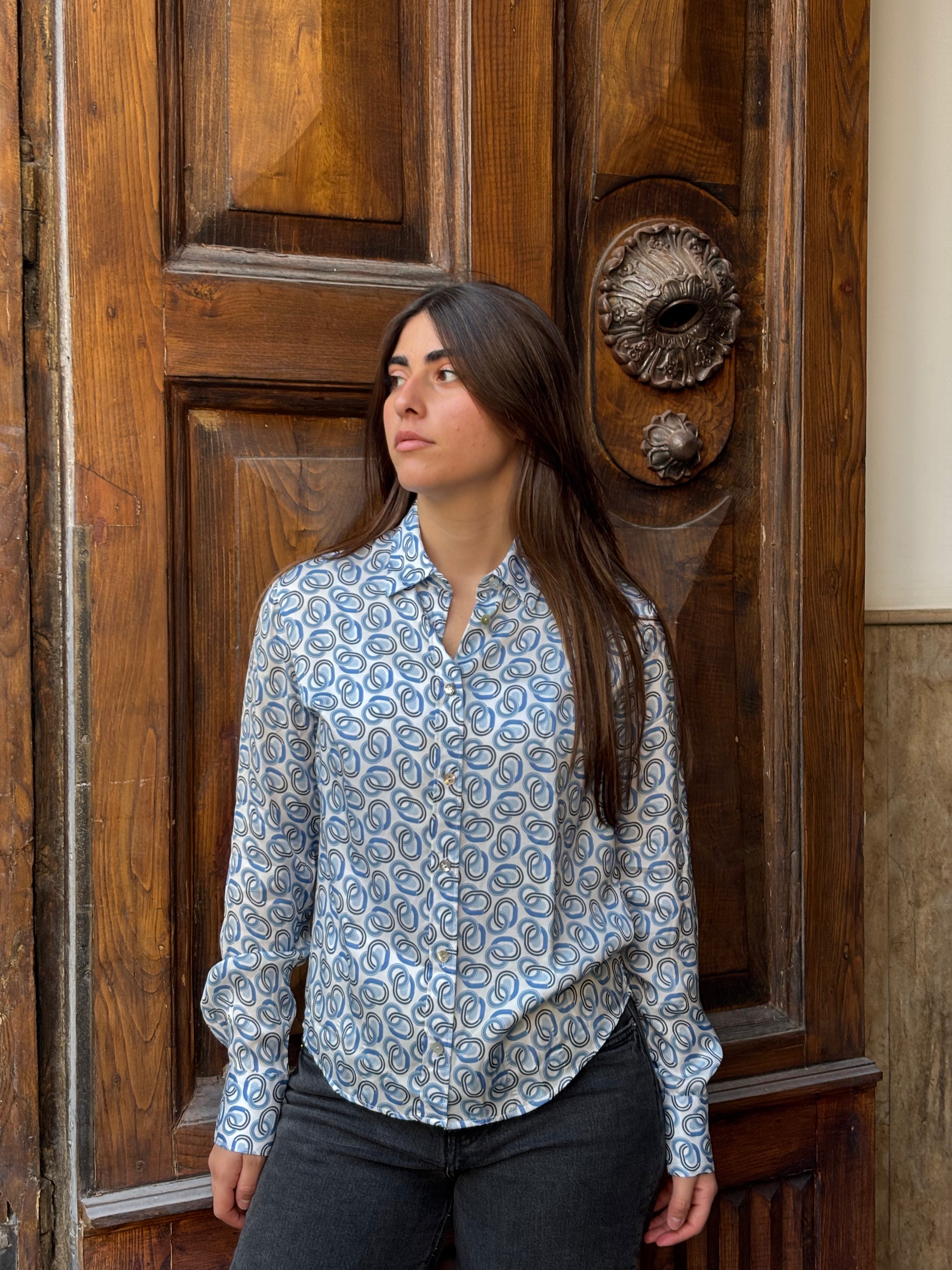 Women's Viscose Blue Geometric Print Button-Down Shirt