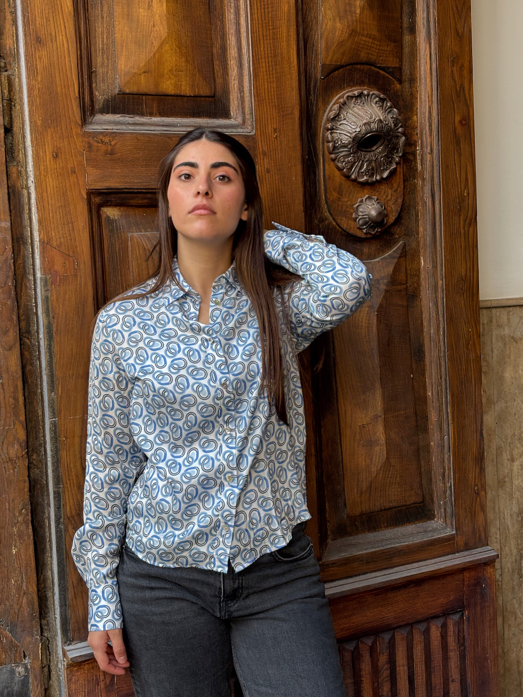 Women's Viscose Blue Geometric Print Button-Down Shirt