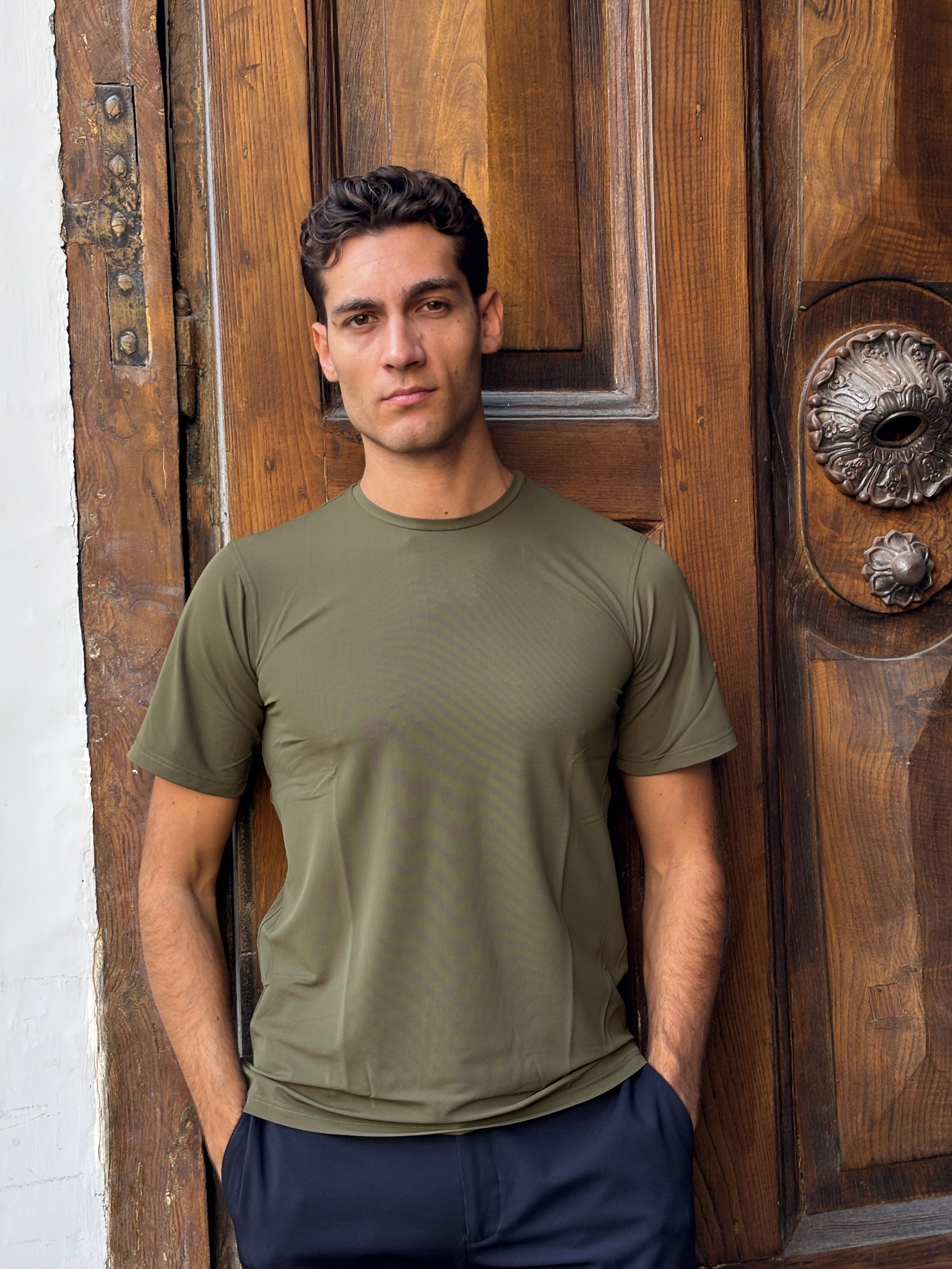 Men's Olive Green Nylon Spandex Blend T-Shirt - Athletic Crewneck