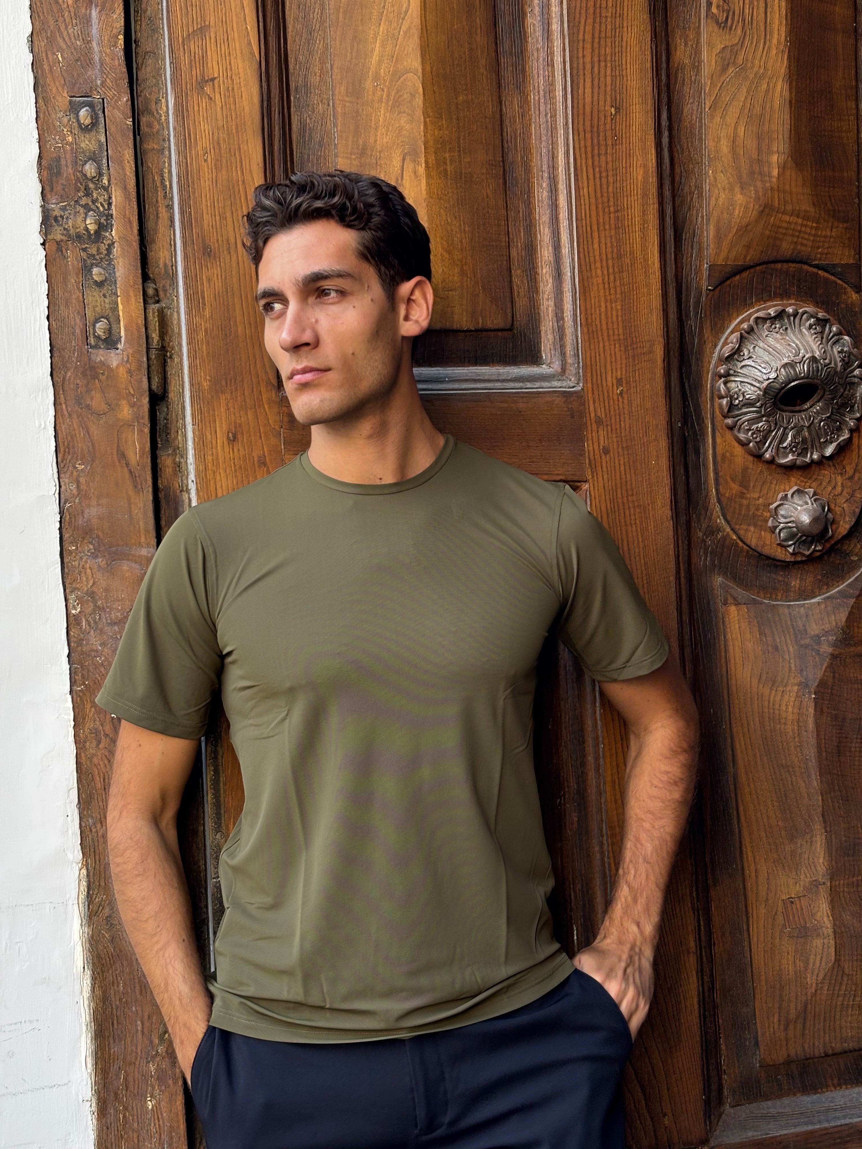 Men's Olive Green Nylon Spandex Blend T-Shirt - Athletic Crewneck