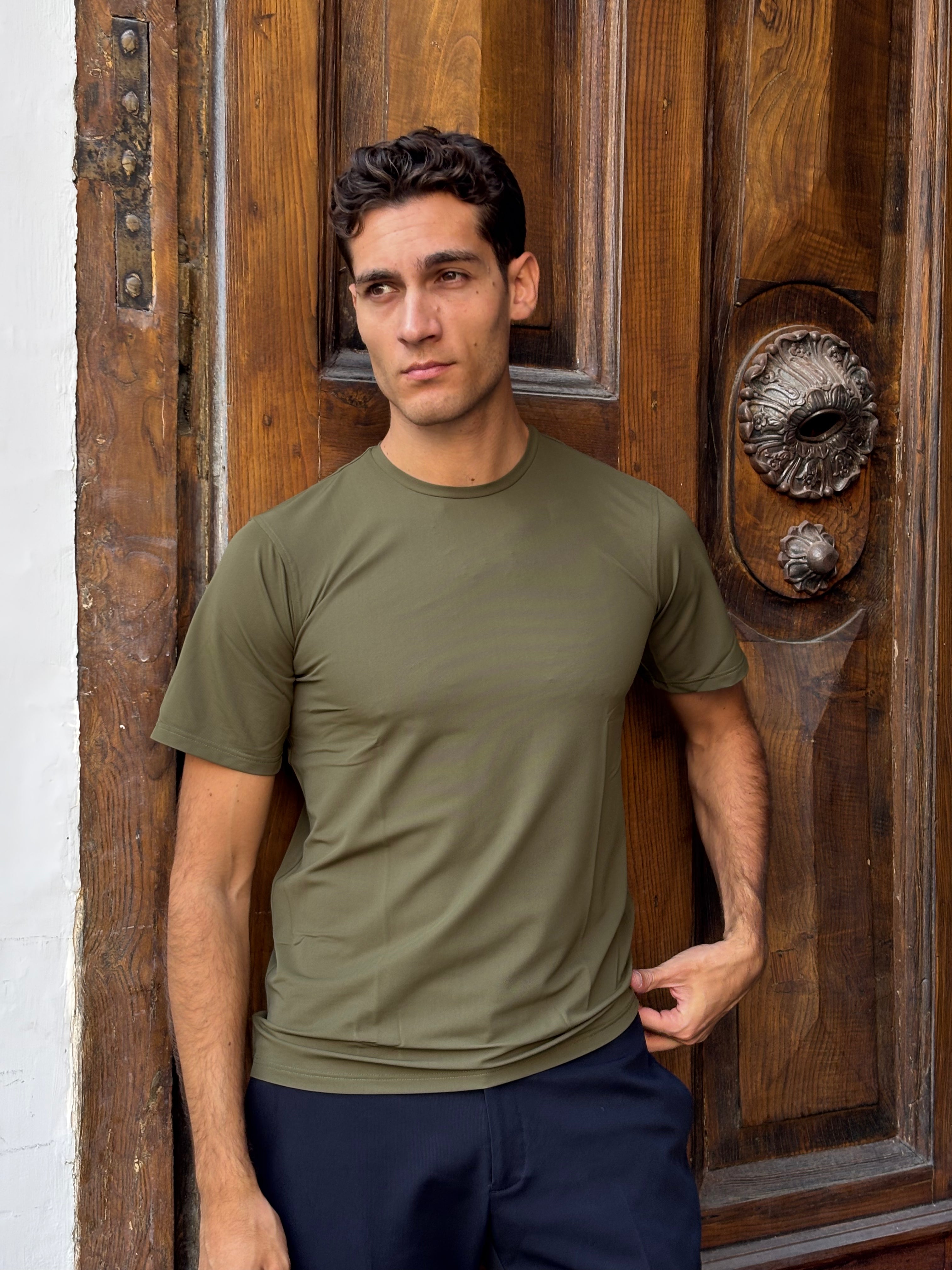 Men's Olive Green Nylon Spandex Blend T-Shirt - Athletic Crewneck