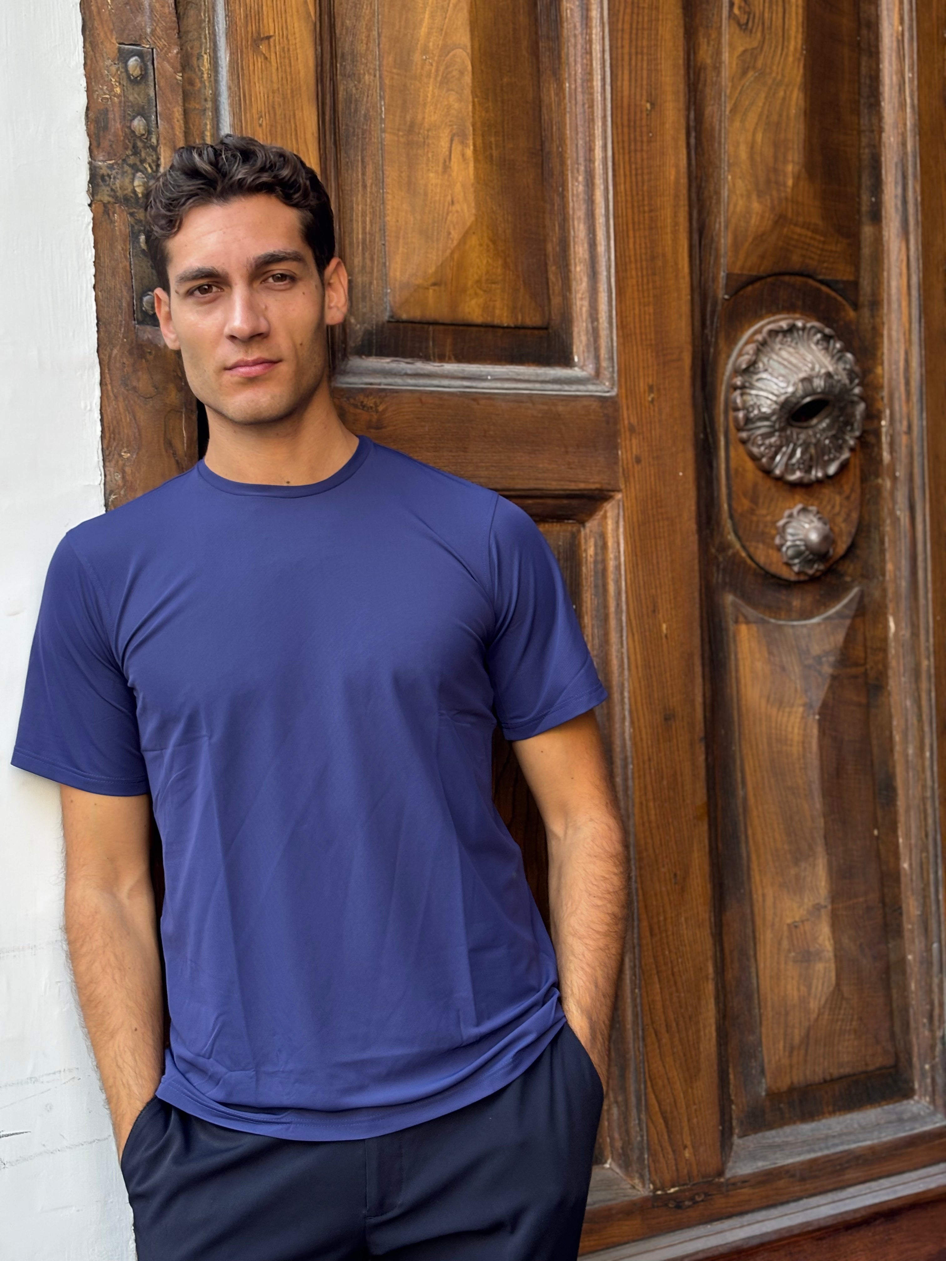 Men's Navy Blue Nylon Spandex Blend T-Shirt - Athletic Crewneck