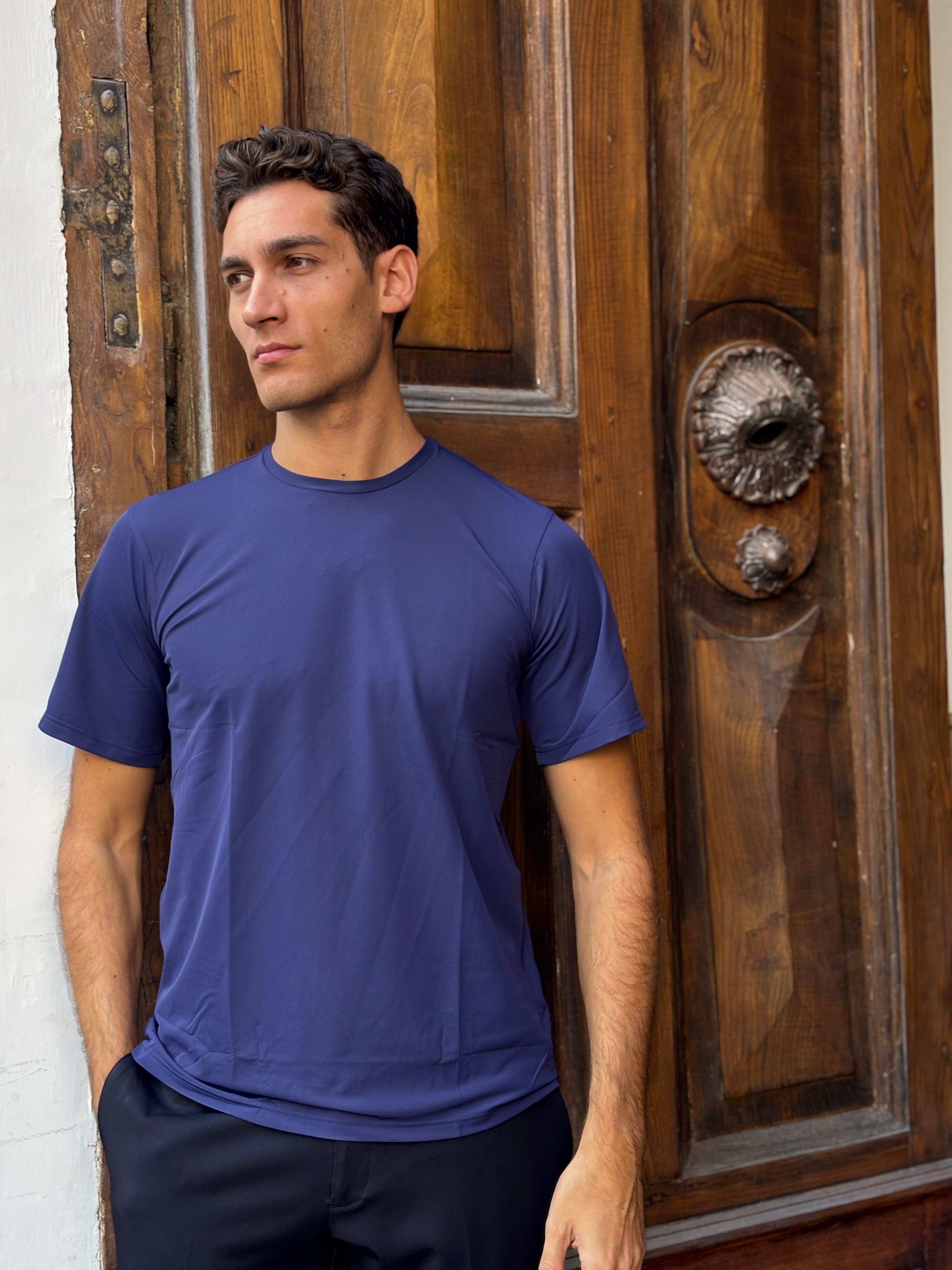 Men's Navy Blue Nylon Spandex Blend T-Shirt - Athletic Crewneck