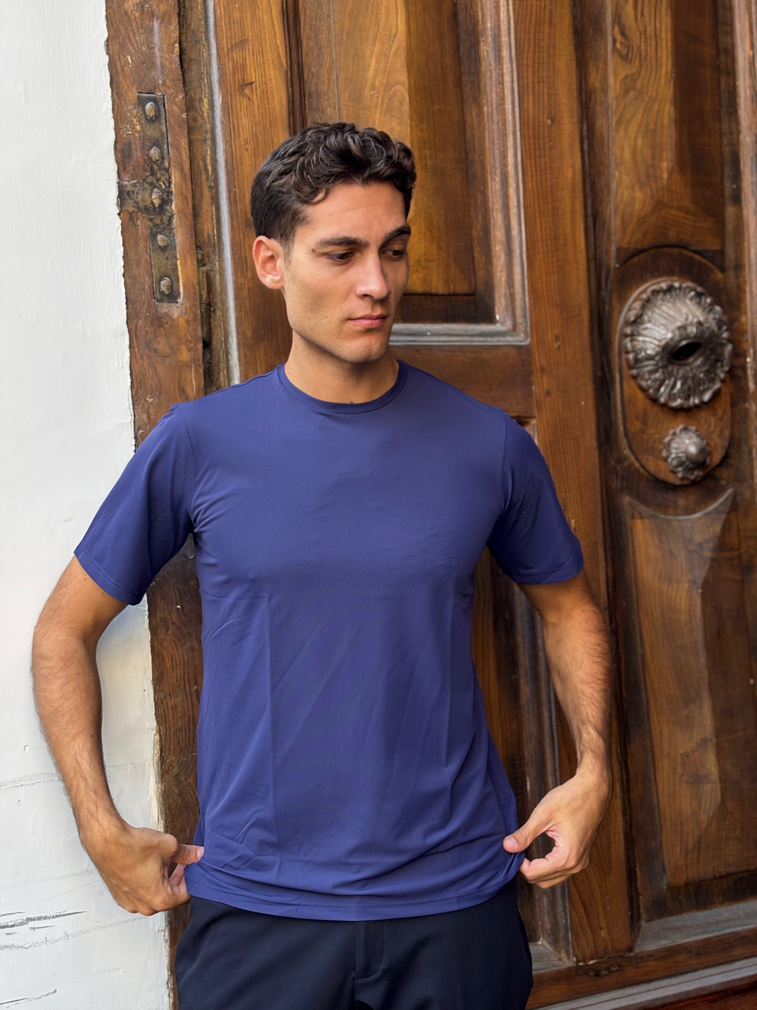 Men's Navy Blue Nylon Spandex Blend T-Shirt - Athletic Crewneck