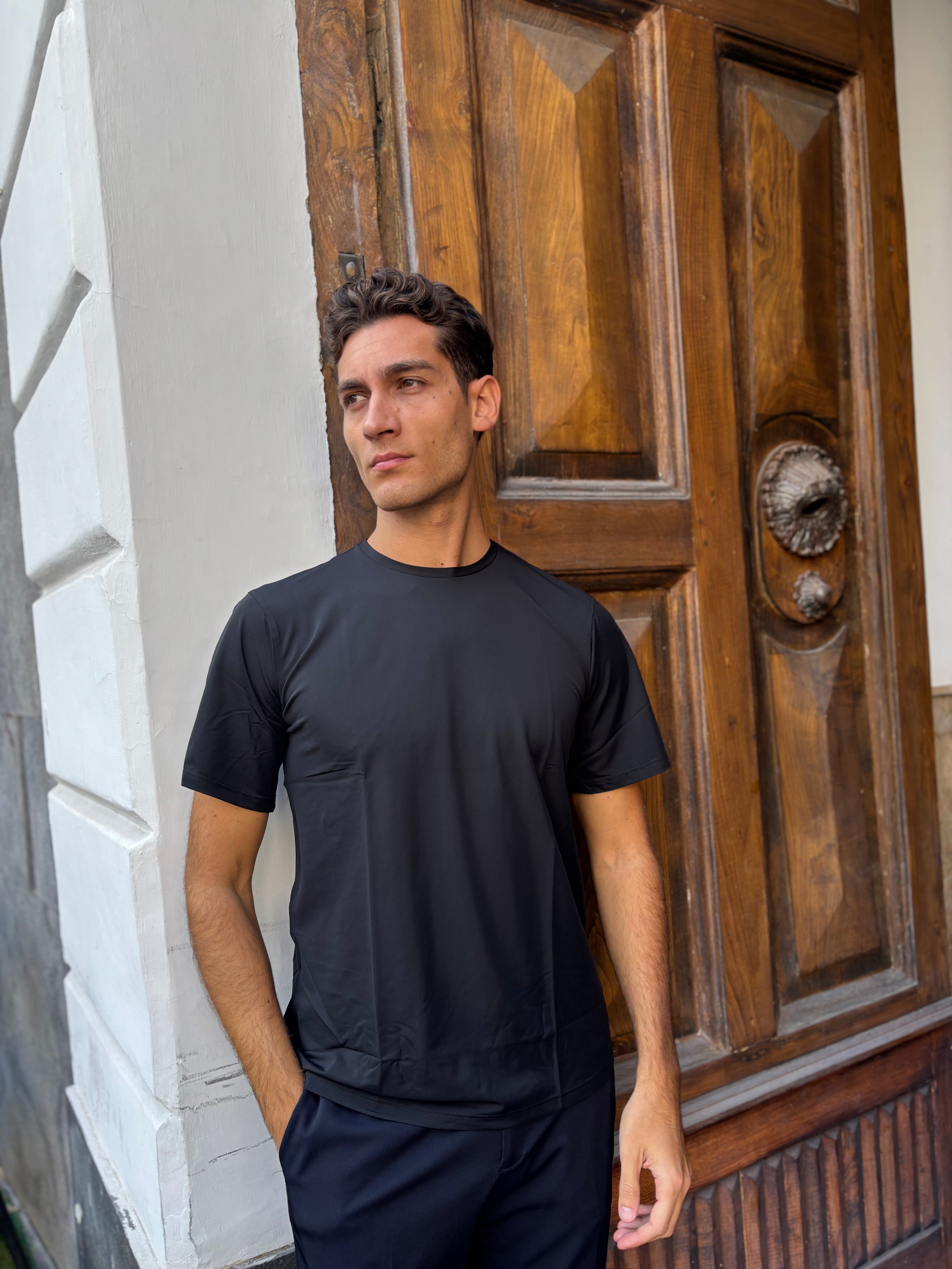 Men's Black Nylon Spandex Blend T-Shirt - Athletic Crewneck Base Layer