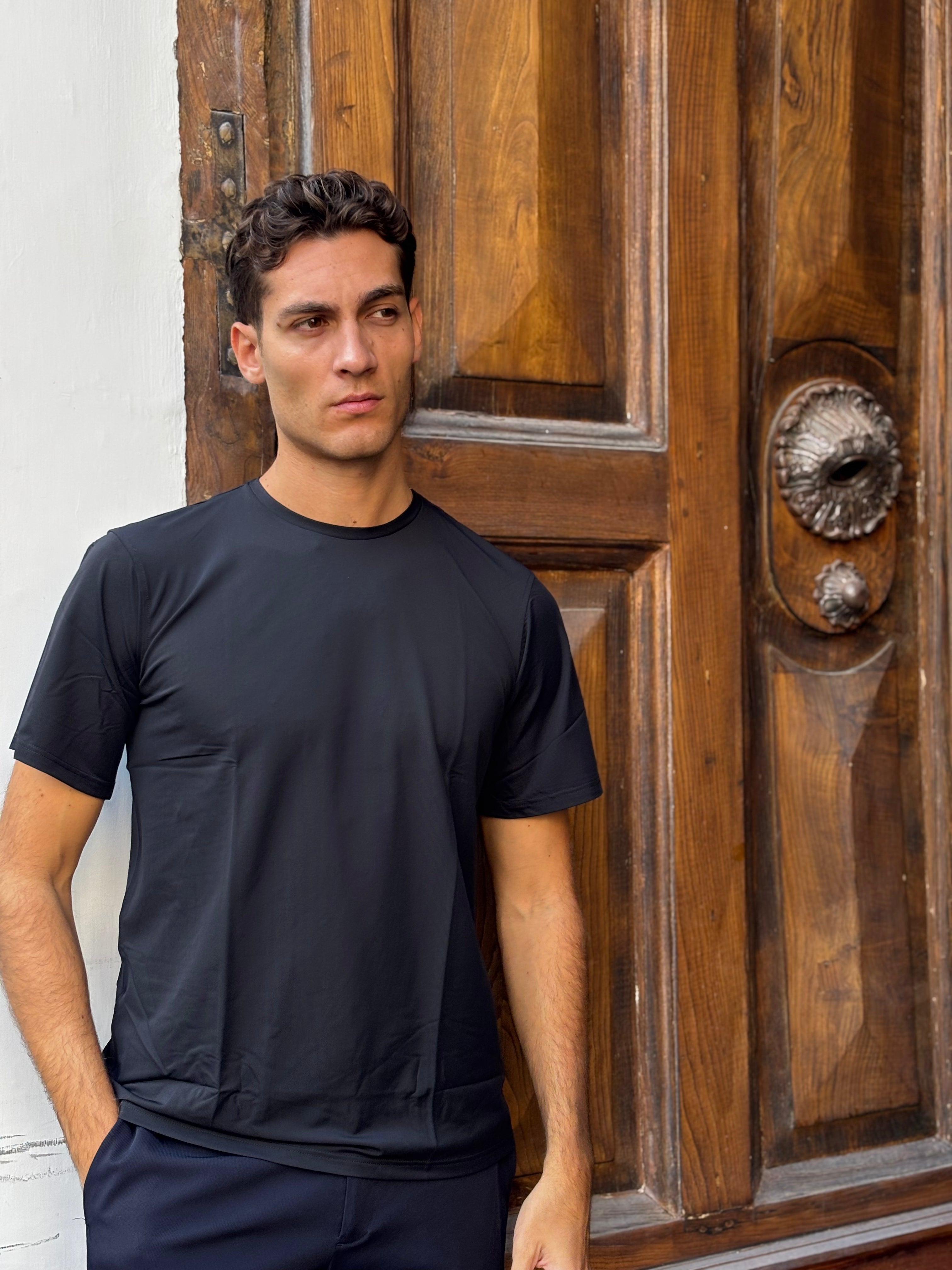 Men's Black Nylon Spandex Blend T-Shirt - Athletic Crewneck Base Layer