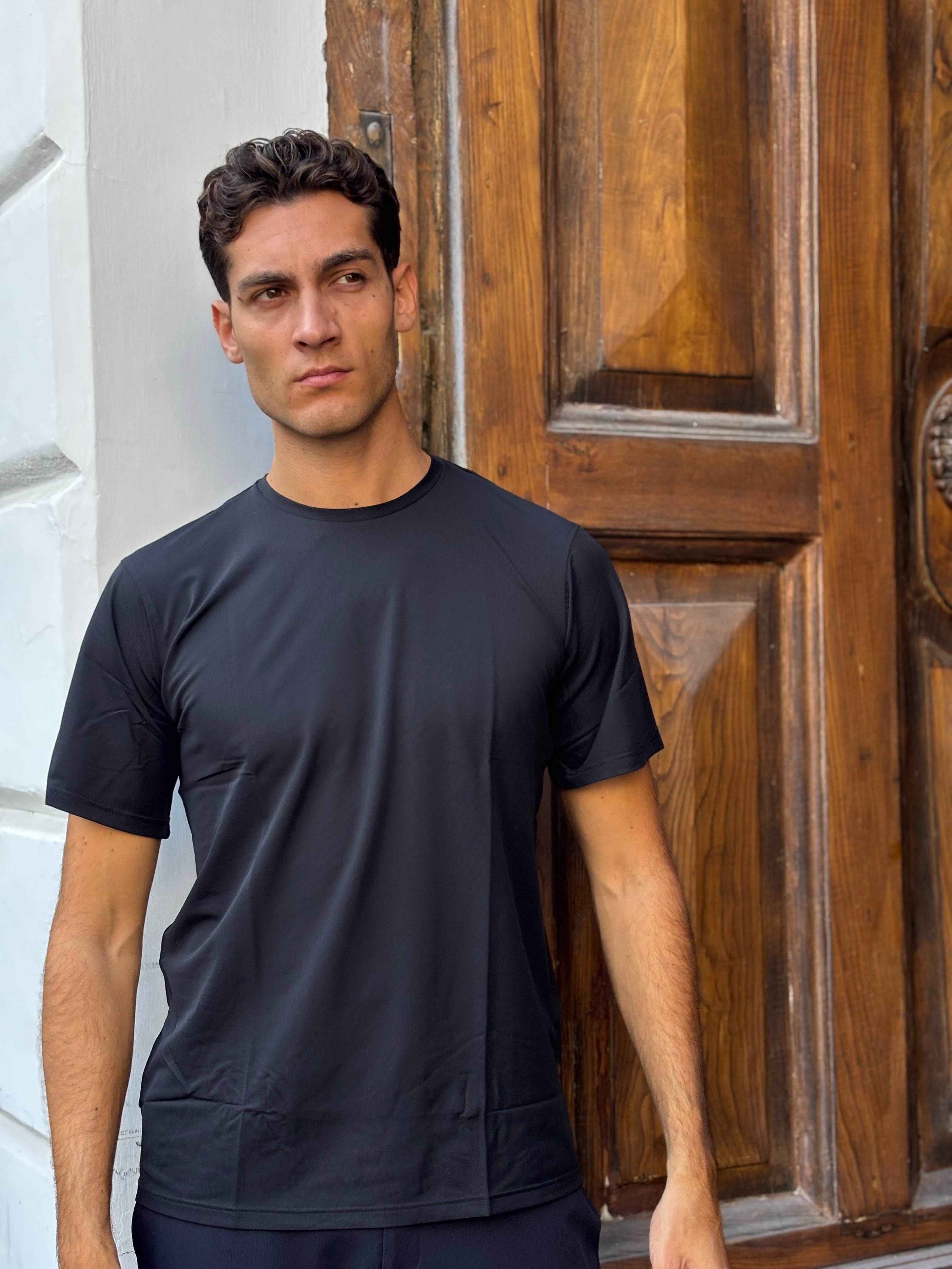 Men's Black Nylon Spandex Blend T-Shirt - Athletic Crewneck Base Layer