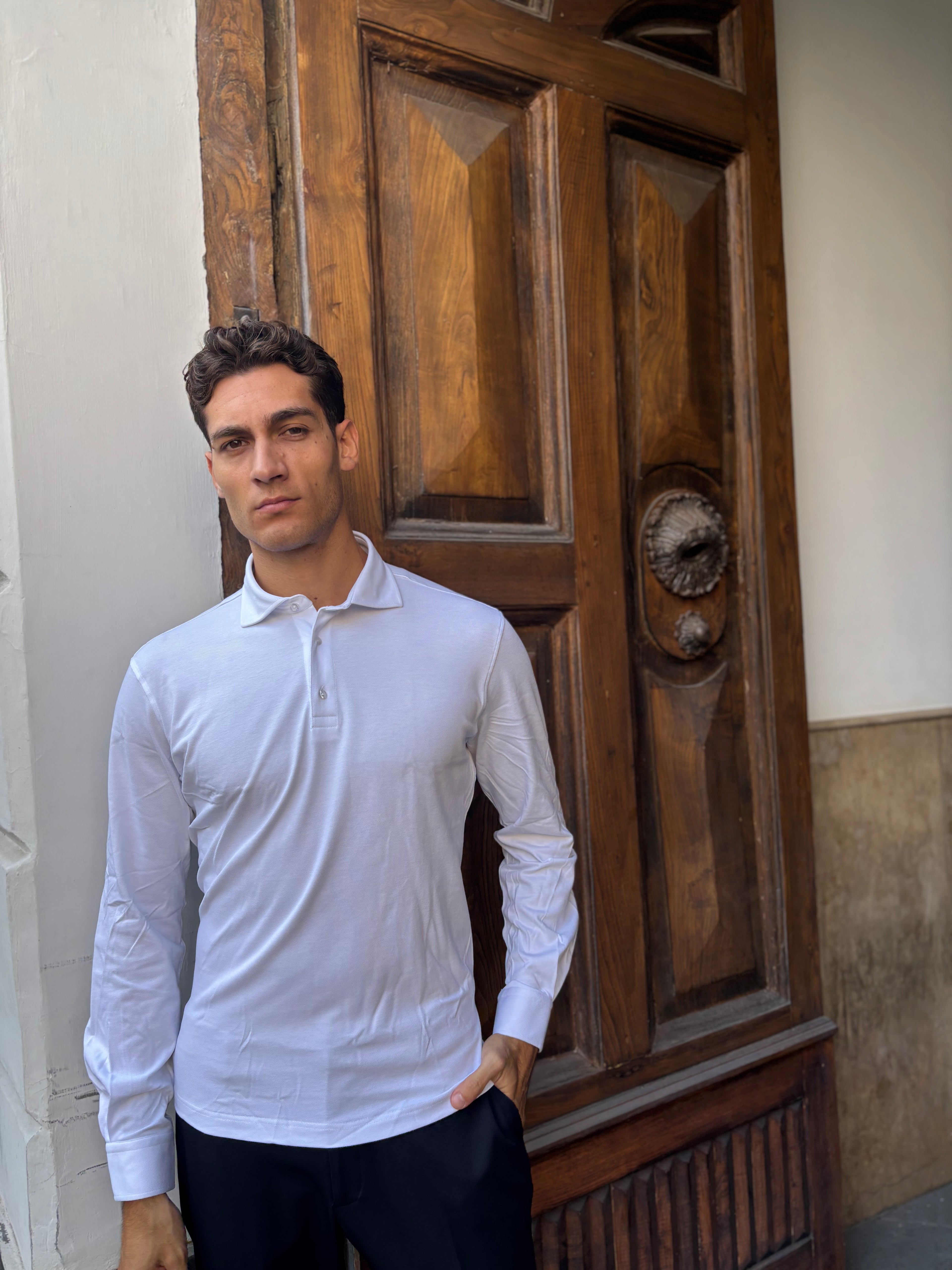 Men's White Long Sleeve Polo Shirt - Jersey Knit Smart Casual Top