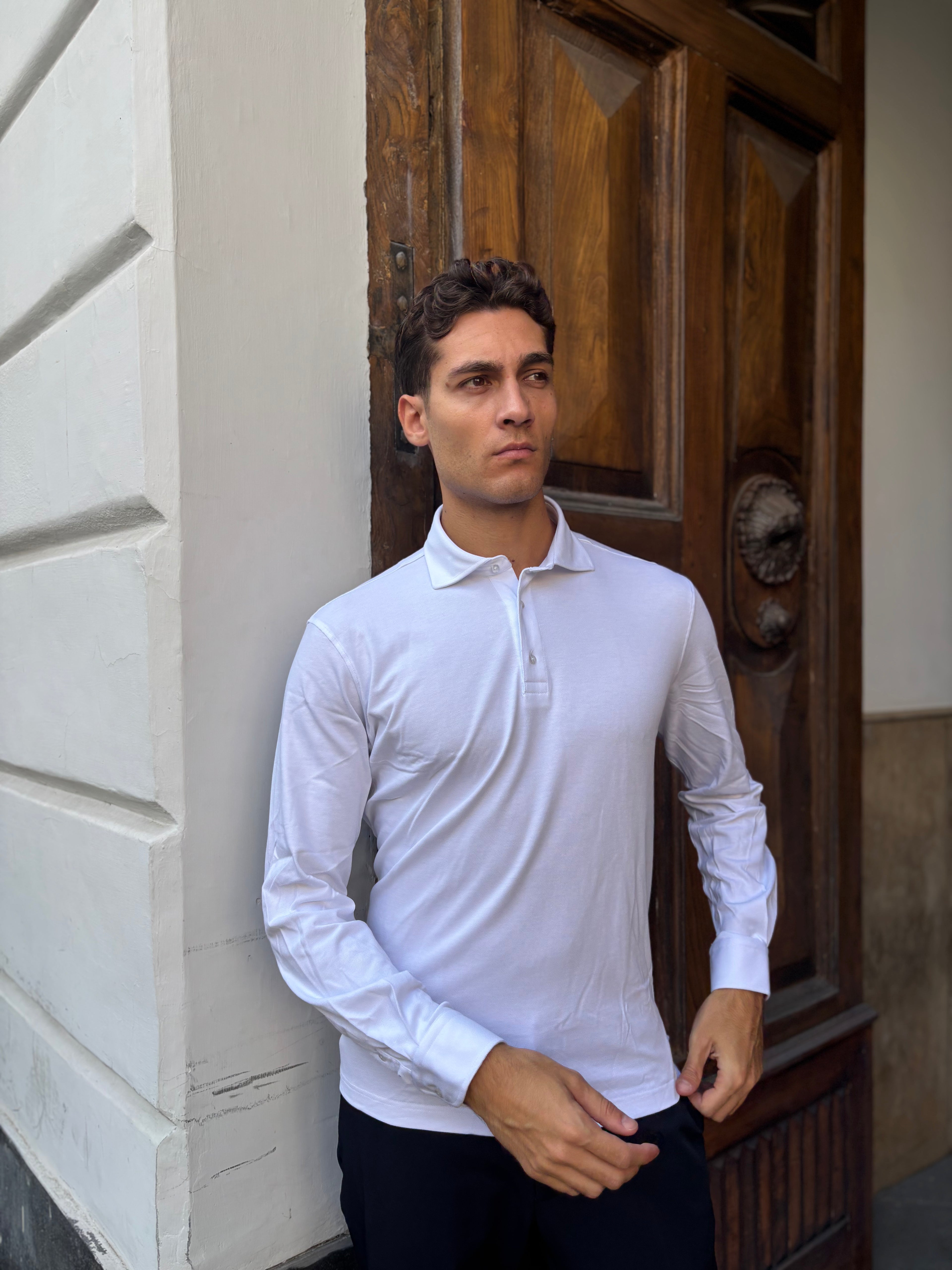 Men's White Long Sleeve Polo Shirt - Jersey Knit Smart Casual Top