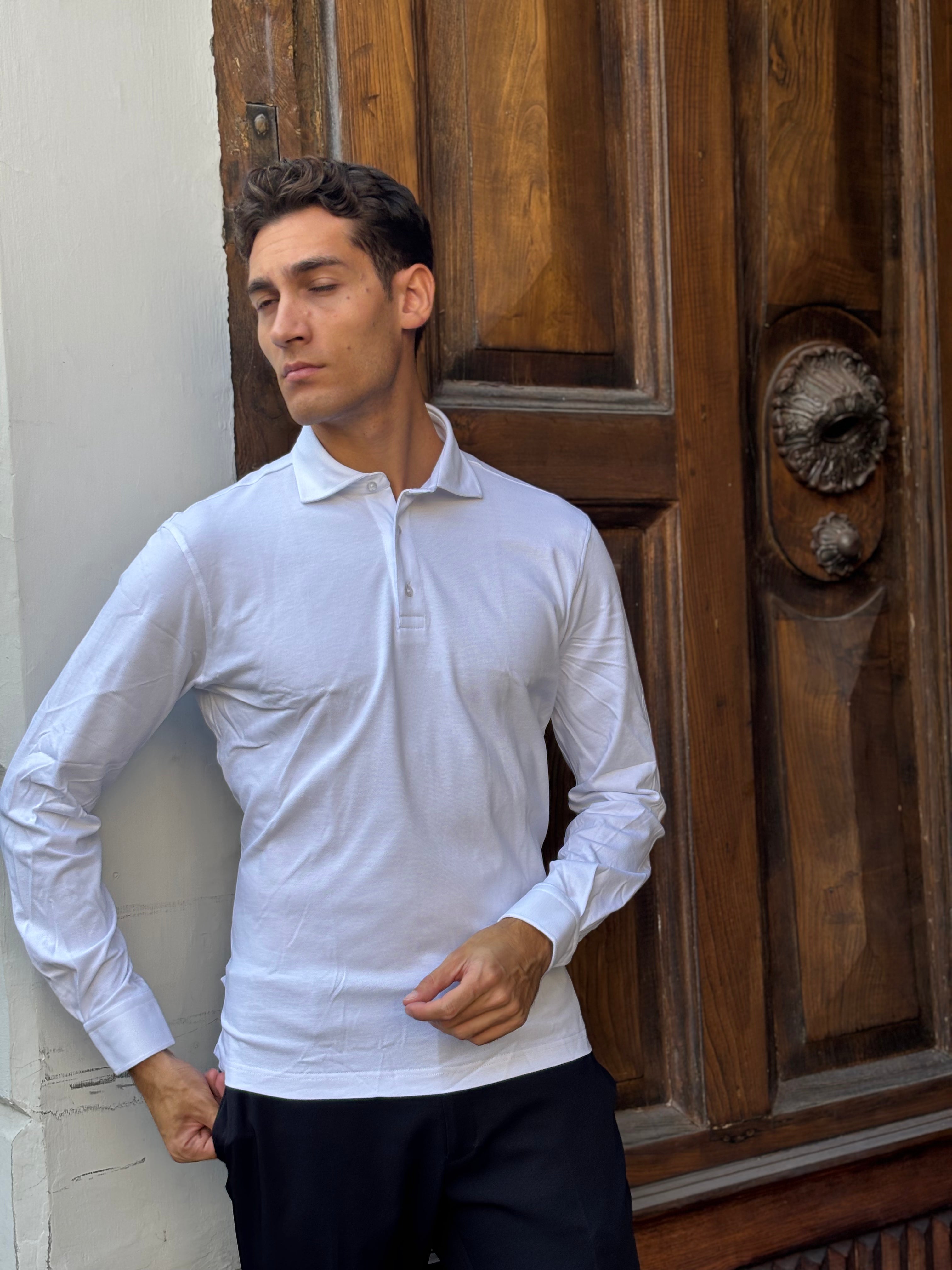 Men's White Long Sleeve Polo Shirt - Jersey Knit Smart Casual Top