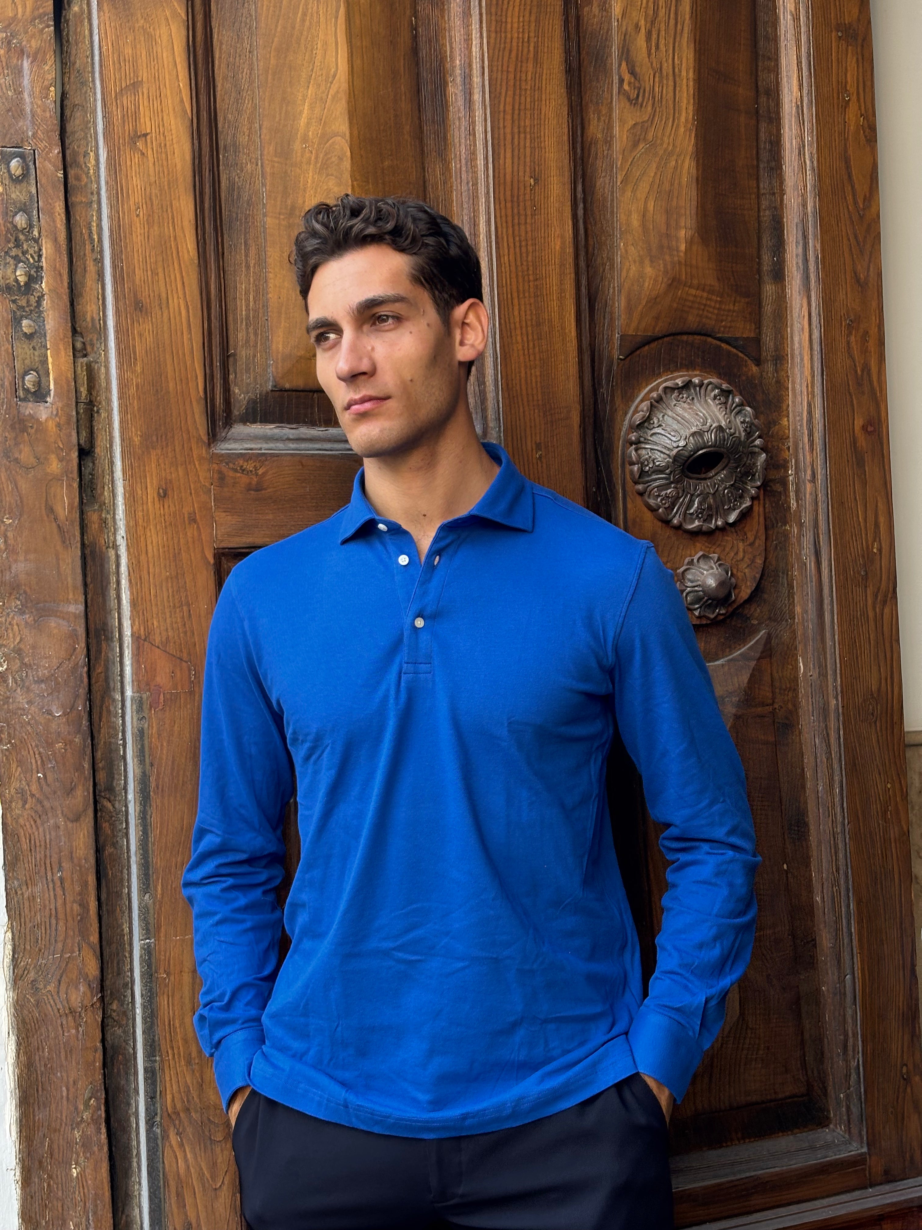 Men's Royal Blue Long Sleeve Knit Polo Shirt - Smart Casual Top