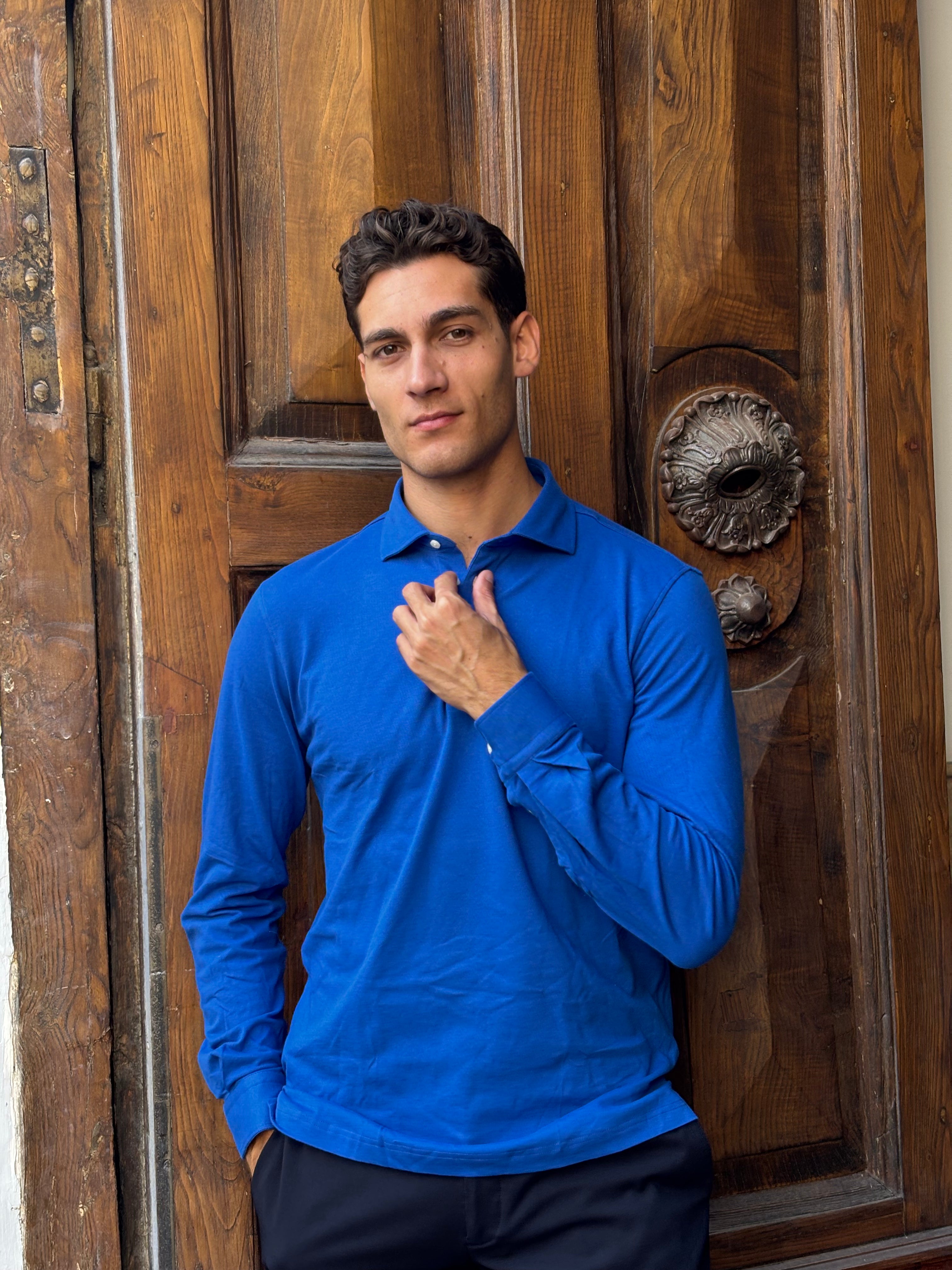 Men's Royal Blue Long Sleeve Knit Polo Shirt - Smart Casual Top